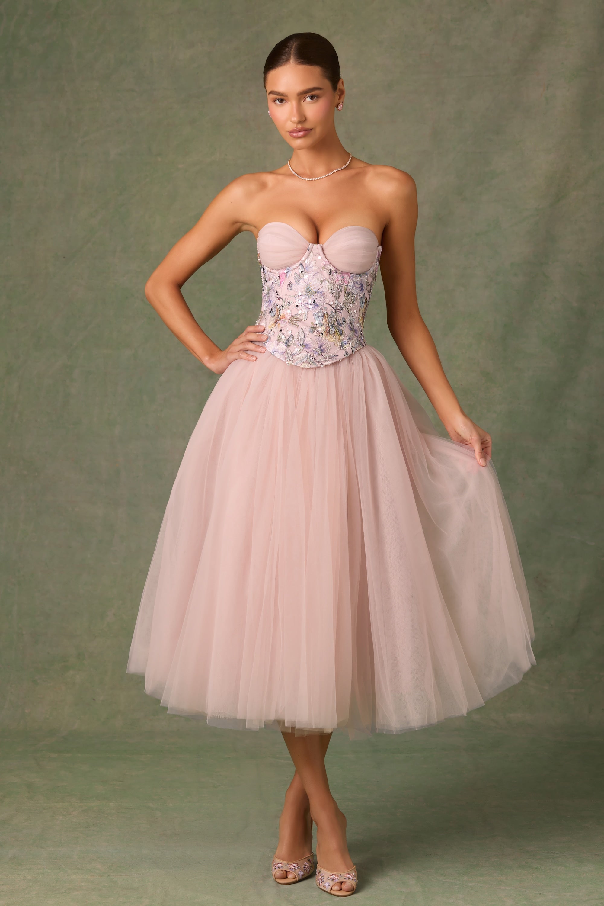 Elia Embellished Lace-Up Corset in Floral Pink - Image 7