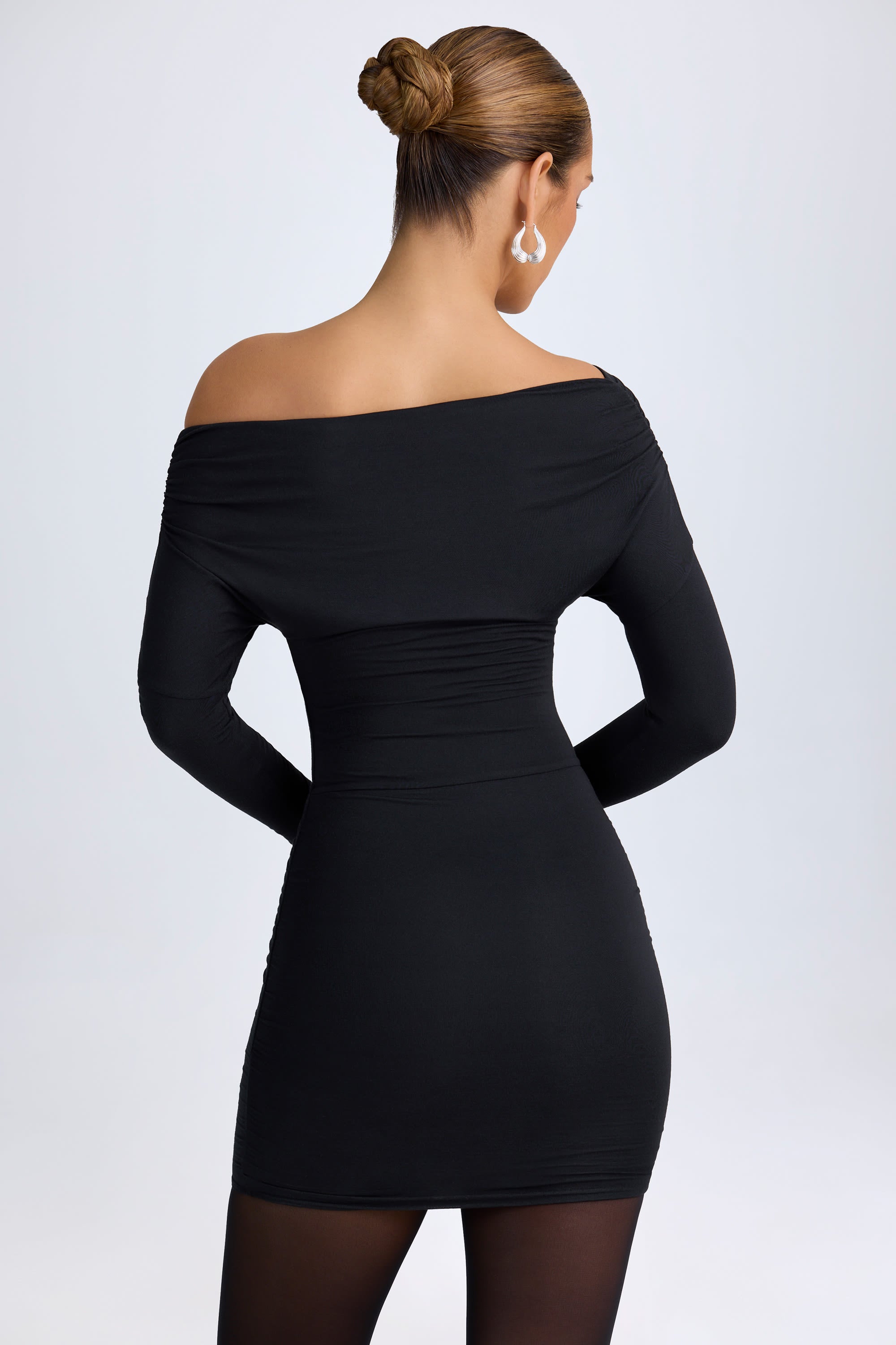 Elsa Modal Off-Shoulder Ruched Mini Dress in Black - Image 2