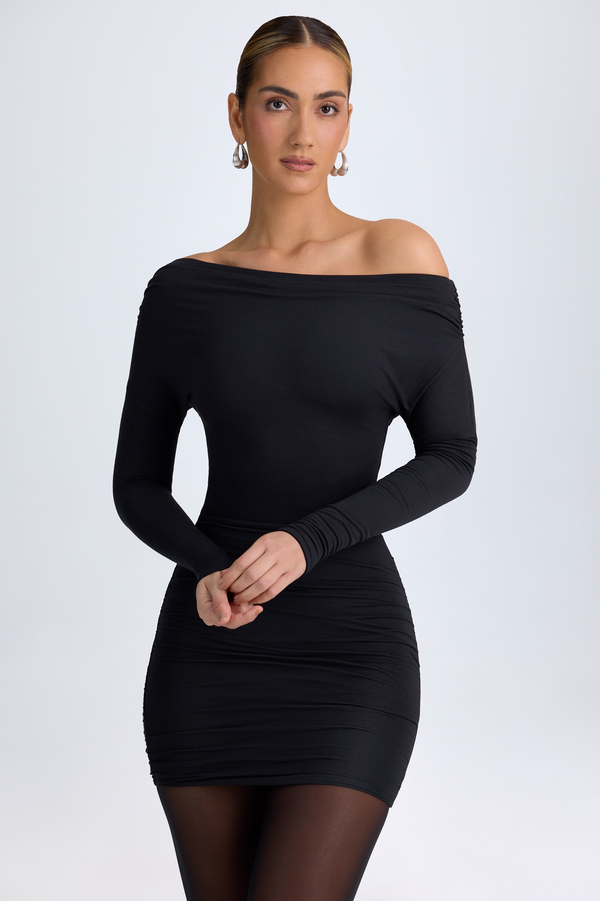 Elsa Modal Off-Shoulder Ruched Mini Dress in Black - Image 5
