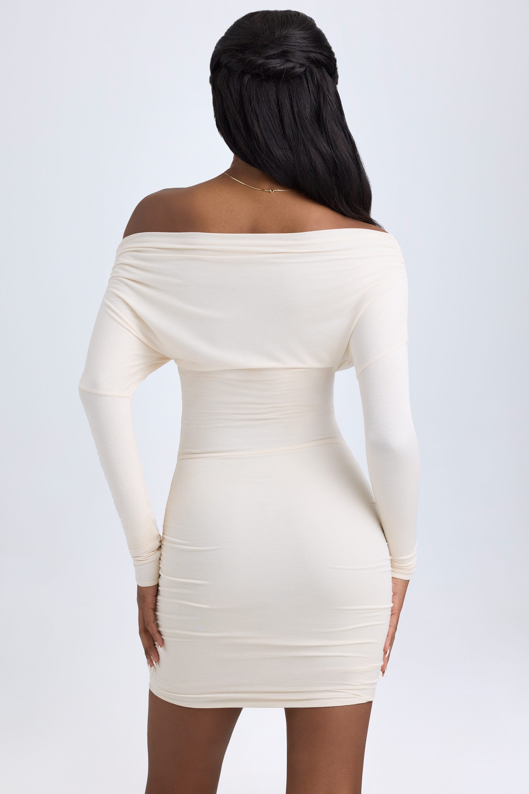 Elsa Modal Off-Shoulder Ruched Mini Dress in Ivory - Image 3