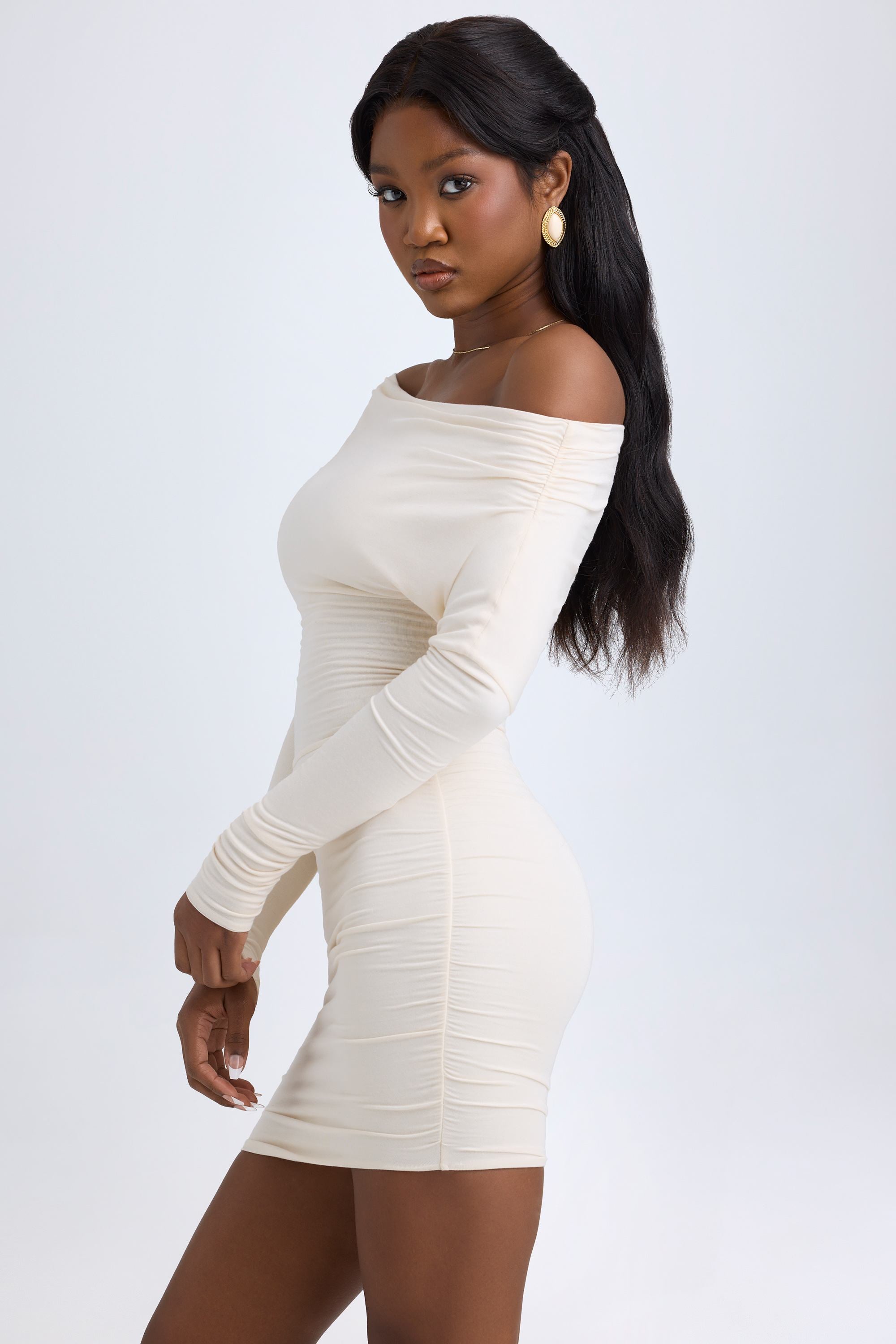 Elsa Modal Off-Shoulder Ruched Mini Dress in Ivory - Image 4