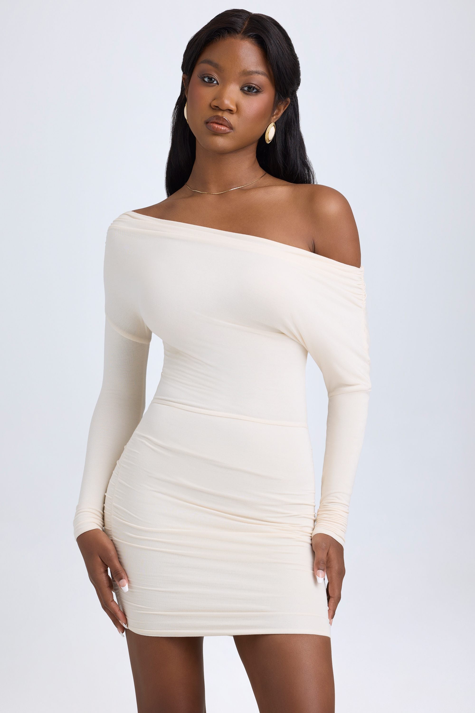 Elsa Modal Off-Shoulder Ruched Mini Dress in Ivory - Image 5