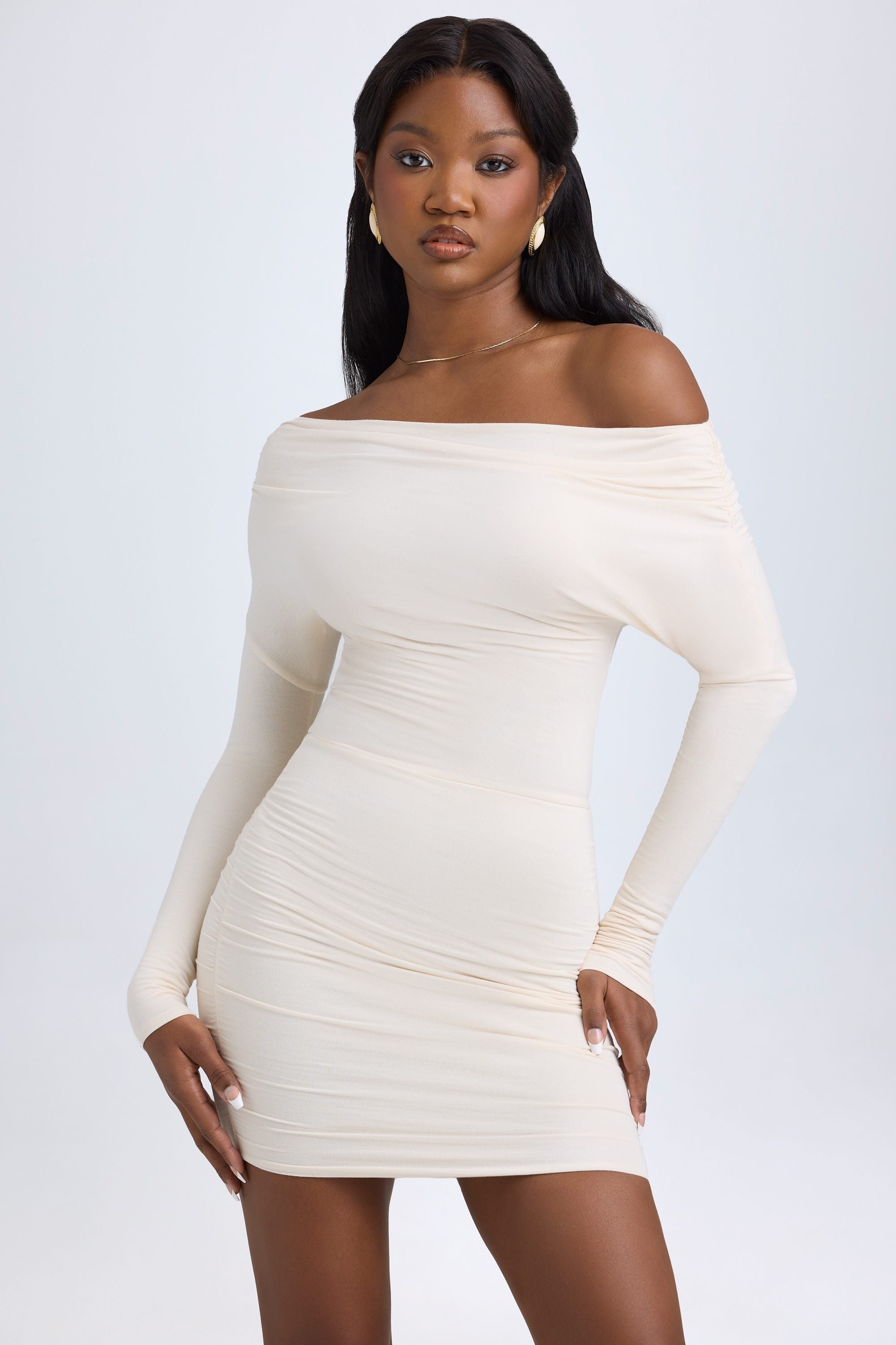 Elsa Modal Off-Shoulder Ruched Mini Dress in Ivory - Image 7