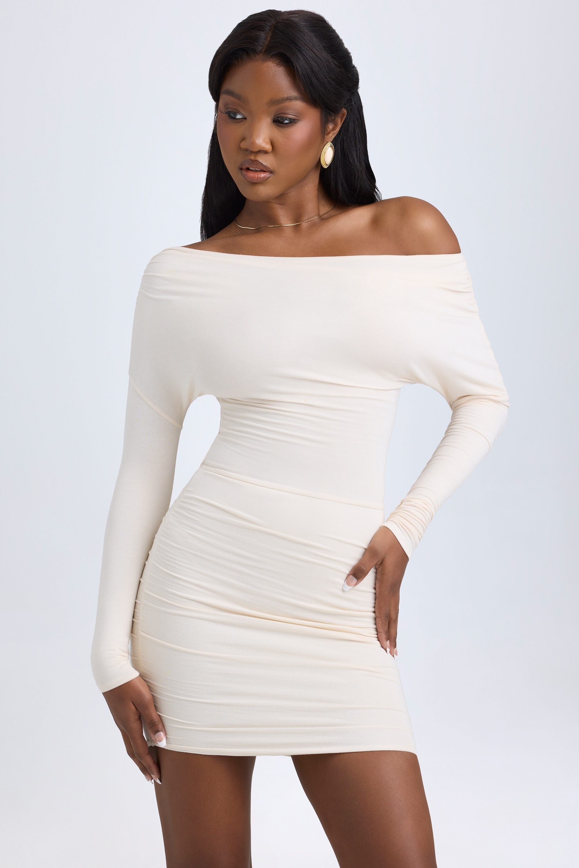 Elsa Modal Off-Shoulder Ruched Mini Dress in Ivory - Image 8