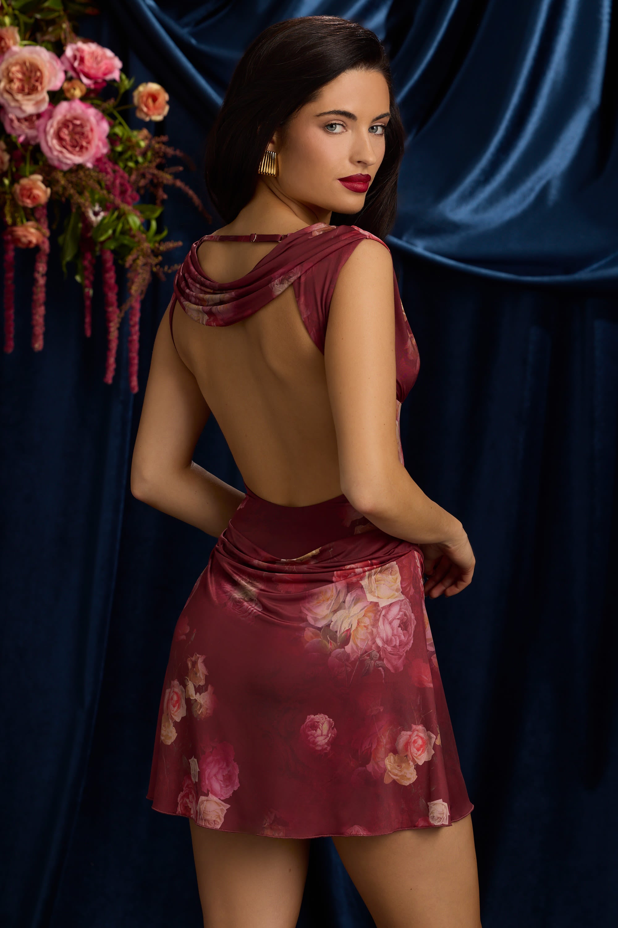 Embelia Draped Open-Back A-Line Mini Dress in Maroon Floral Print - Image 2