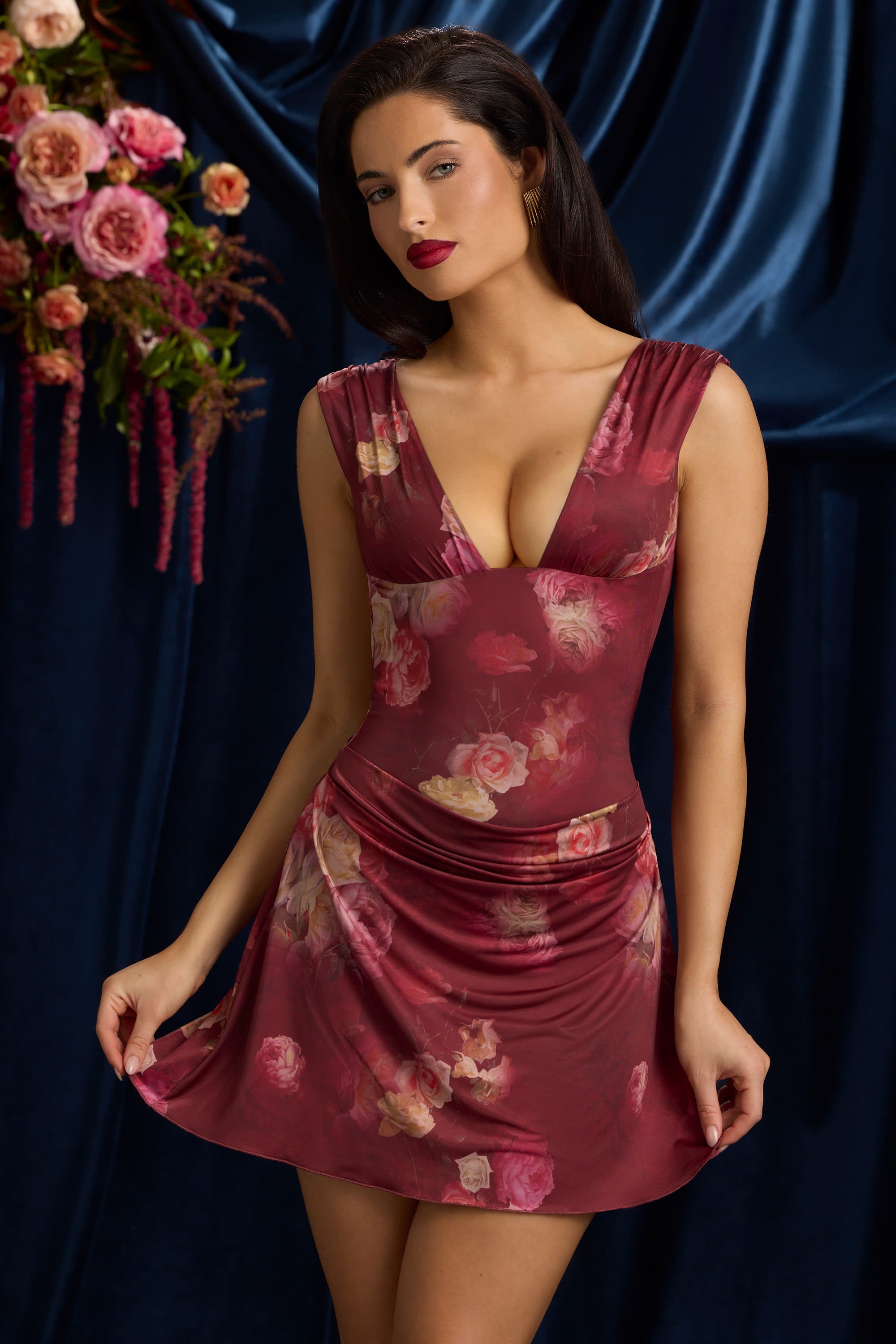Embelia Draped Open-Back A-Line Mini Dress in Maroon Floral Print - Image 5