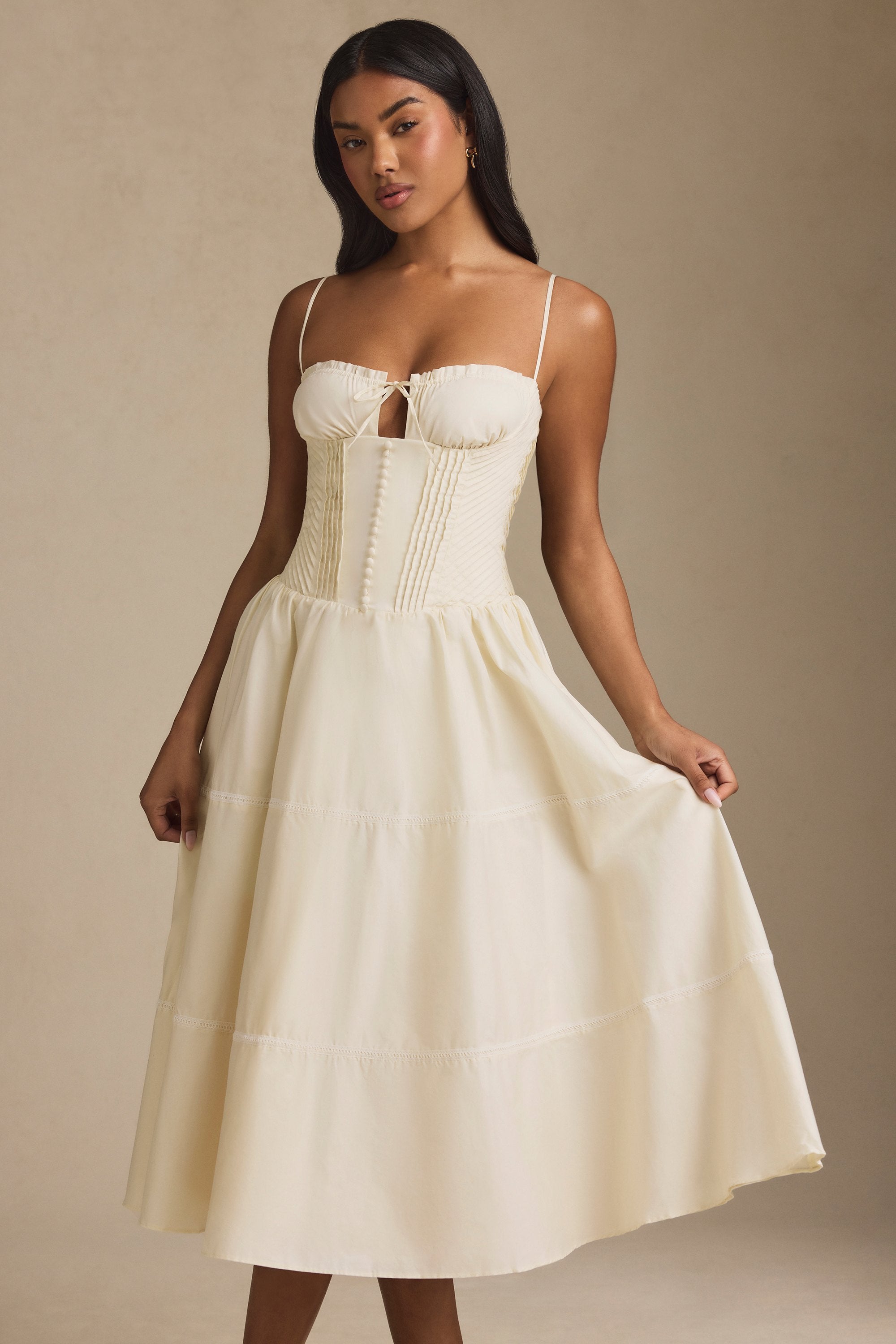 Esmeralda Lace-Trim Pintucked Poplin Midaxi Dress in Ivory
