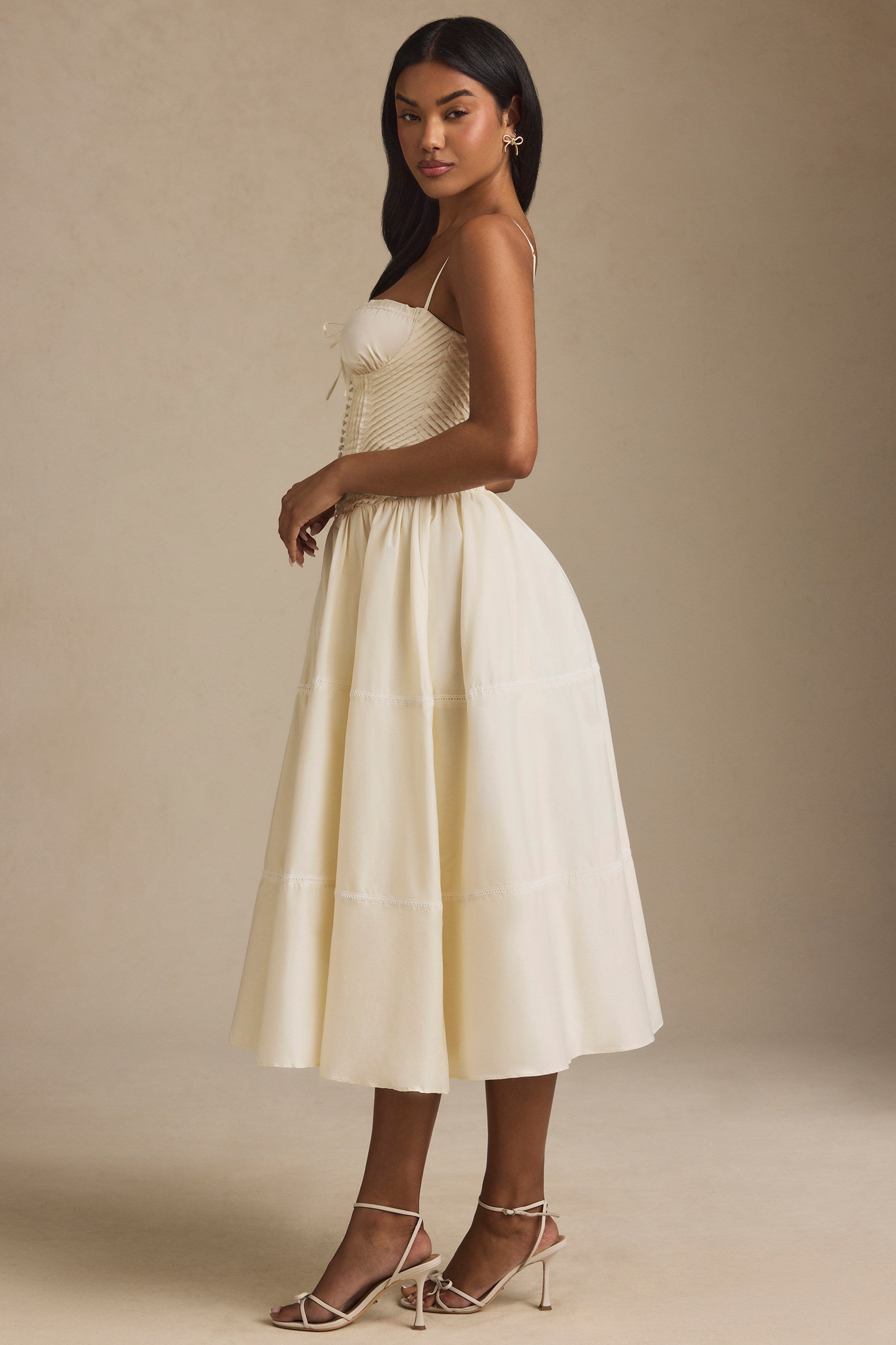 Esmeralda Lace-Trim Pintucked Poplin Midaxi Dress in Ivory - Image 3