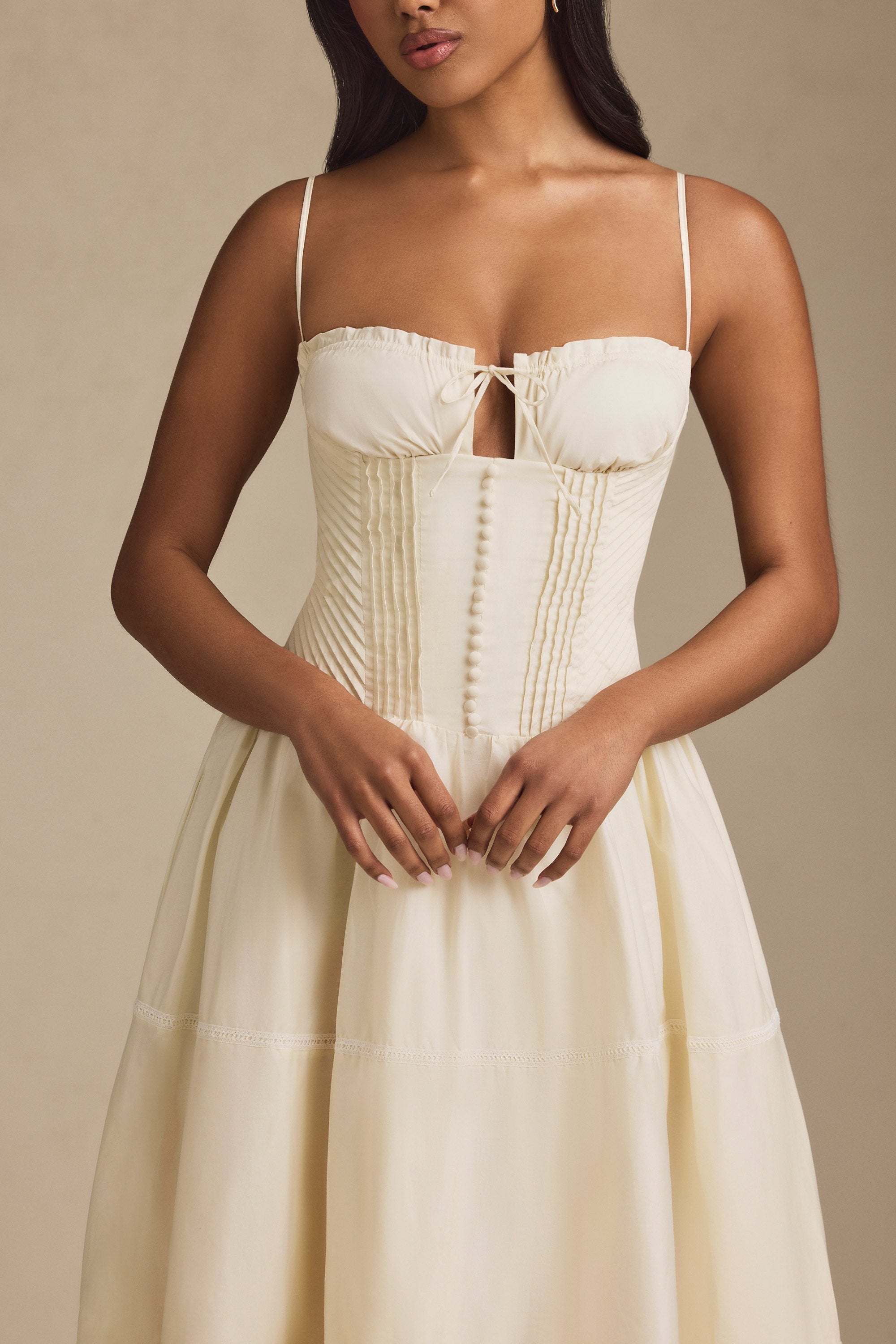 Esmeralda Lace-Trim Pintucked Poplin Midaxi Dress in Ivory - Image 4