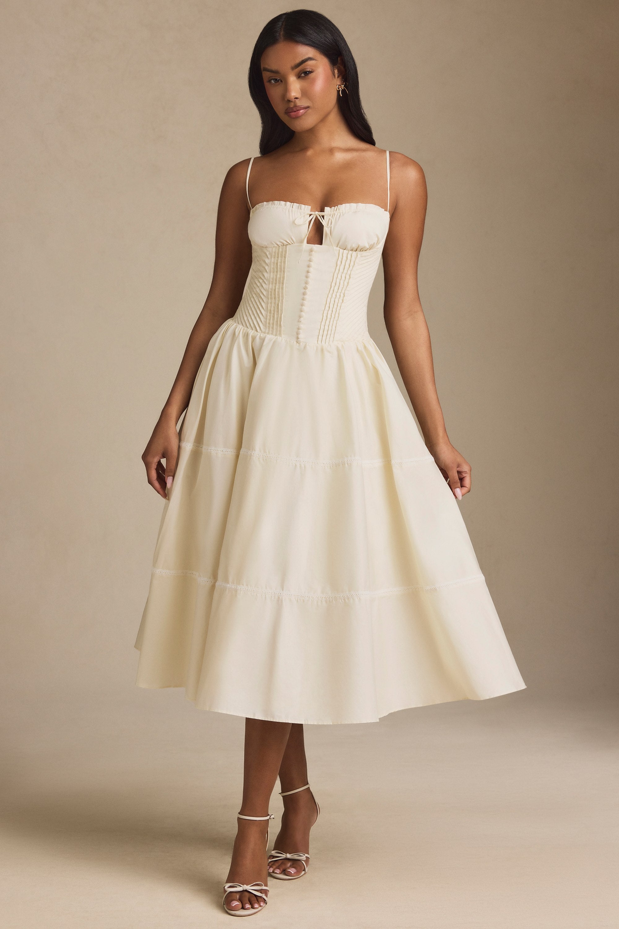 Esmeralda Lace-Trim Pintucked Poplin Midaxi Dress in Ivory - Image 5