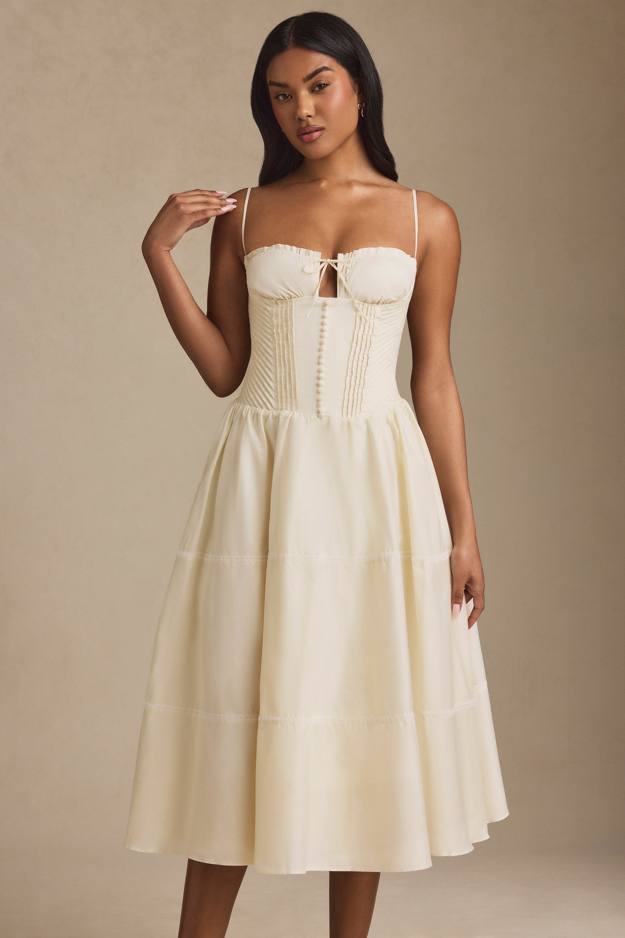 Esmeralda Lace-Trim Pintucked Poplin Midaxi Dress in Ivory - Image 6