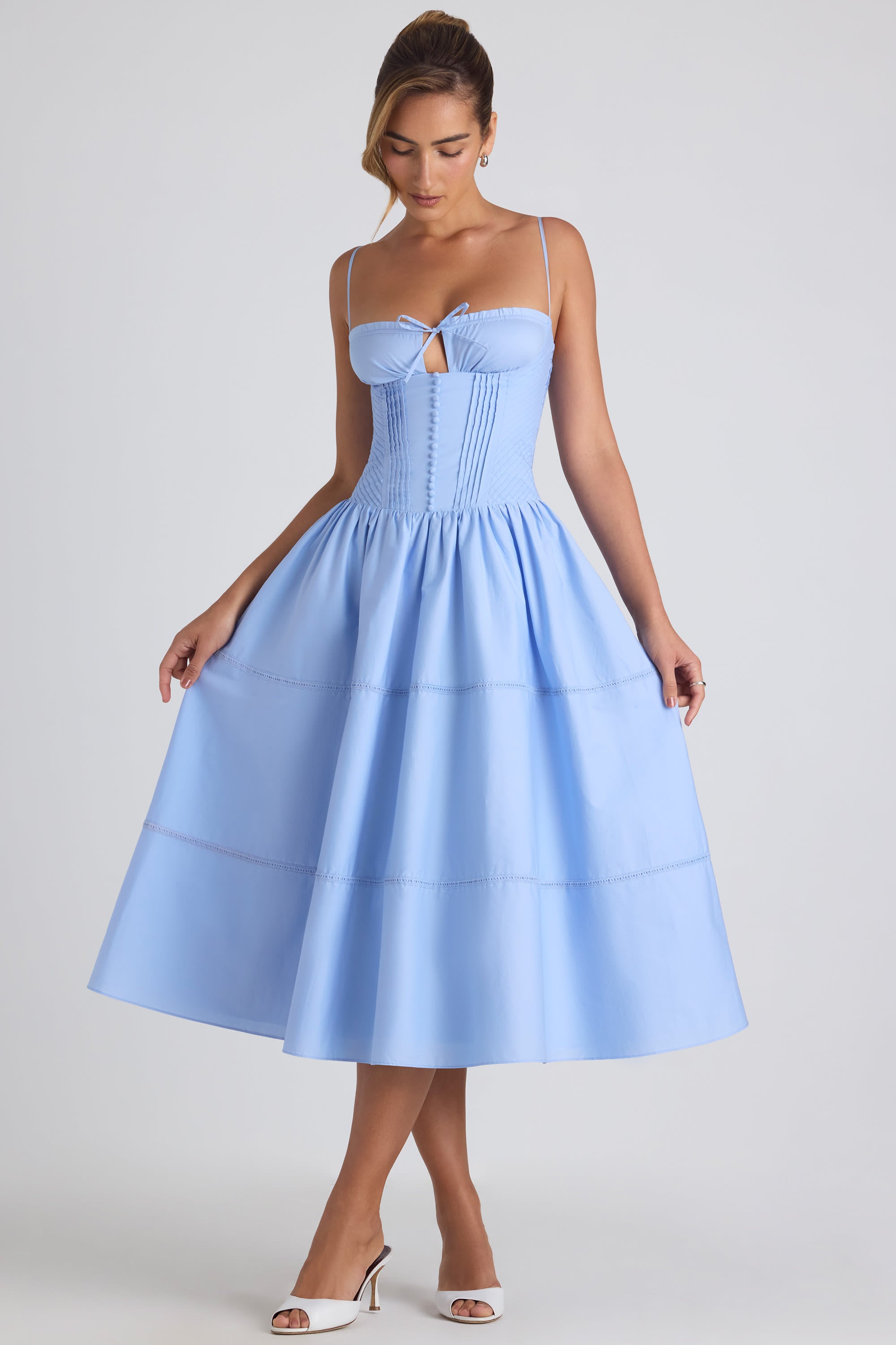 Esmeralda Lace-Trim Pintucked Poplin Midaxi Dress in Sky Blue