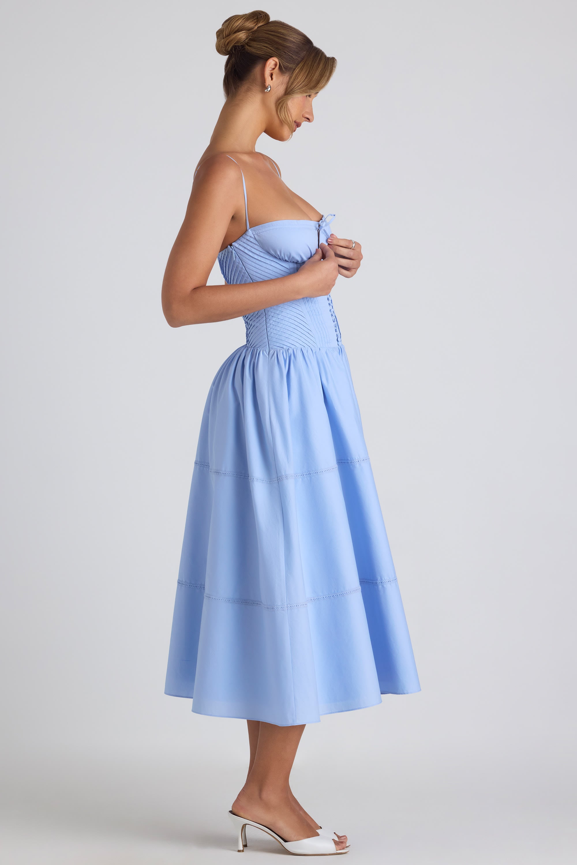 Esmeralda Lace-Trim Pintucked Poplin Midaxi Dress in Sky Blue - Image 3