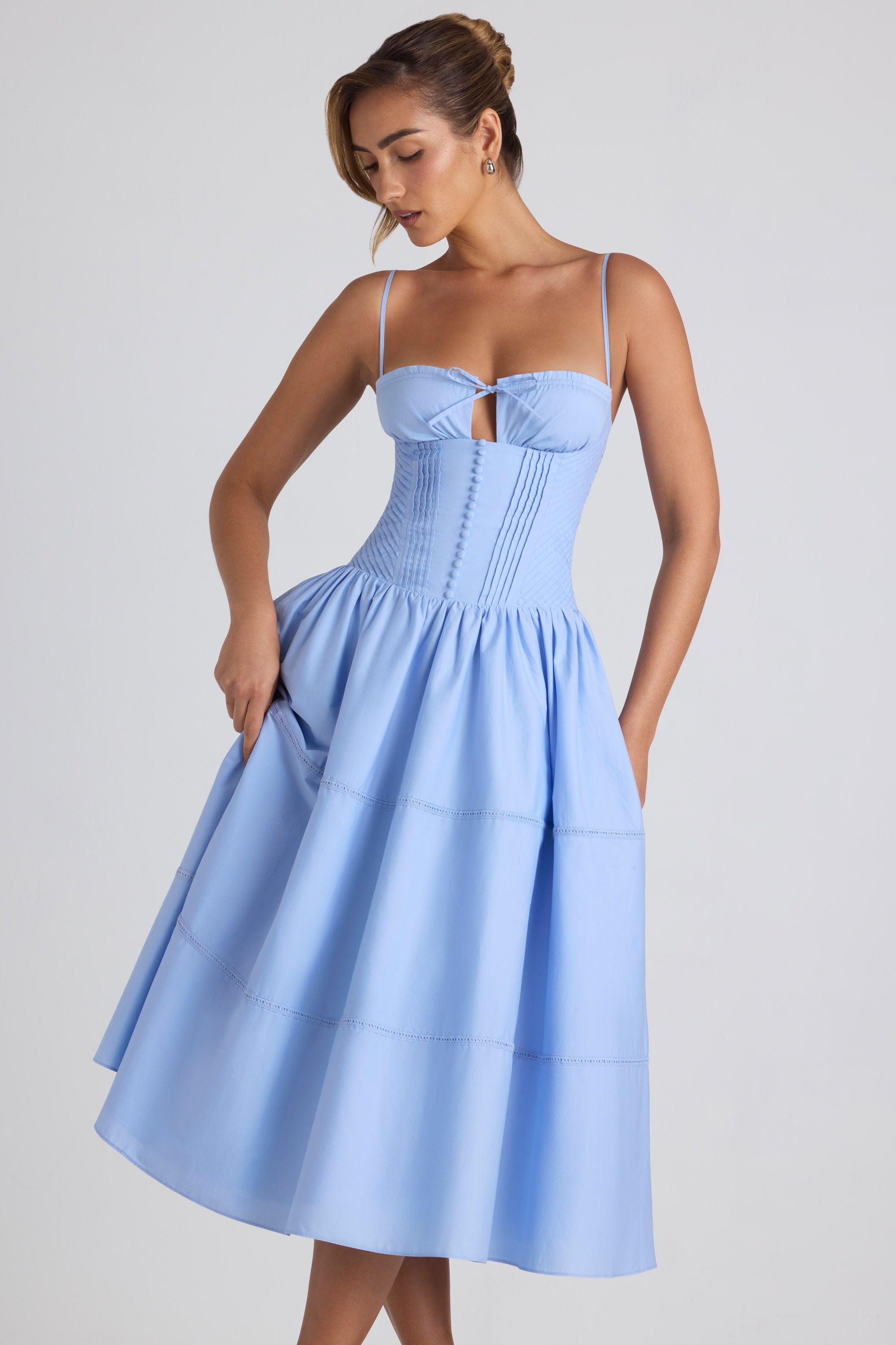 Esmeralda Lace-Trim Pintucked Poplin Midaxi Dress in Sky Blue - Image 5