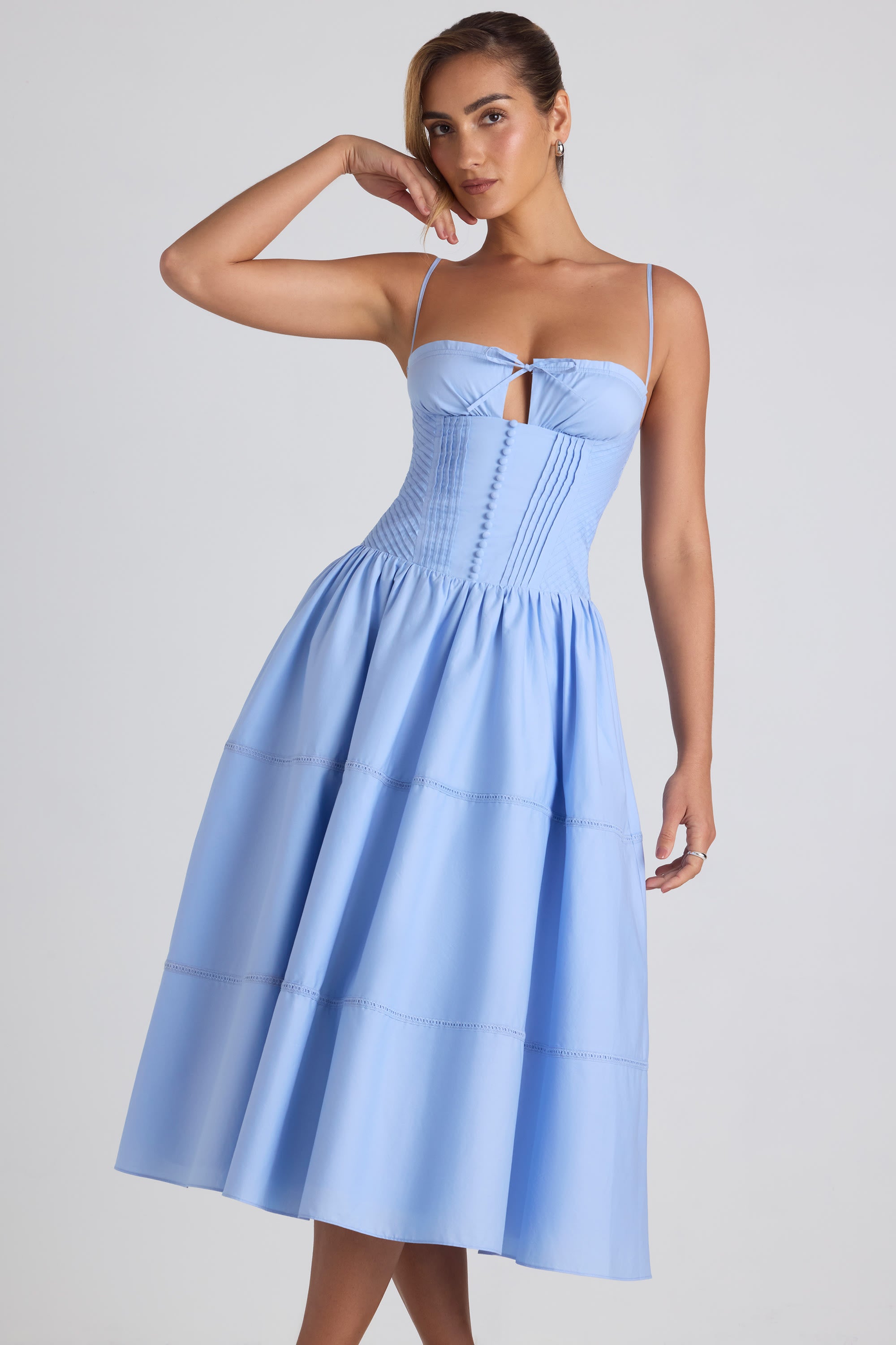 Esmeralda Lace-Trim Pintucked Poplin Midaxi Dress in Sky Blue - Image 6