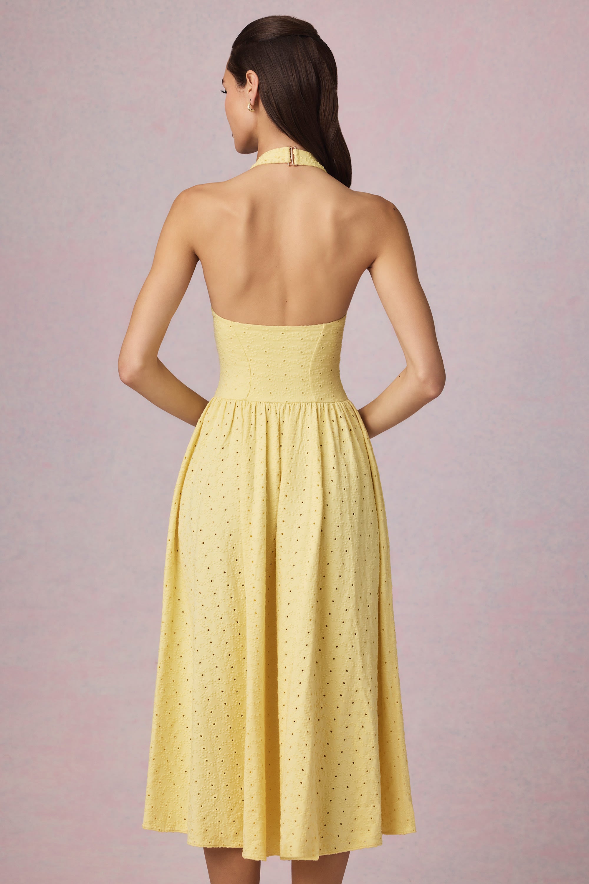 Farrah Broderie Anglaise Halterneck Midaxi Dress in Lemon Yellow - Image 3