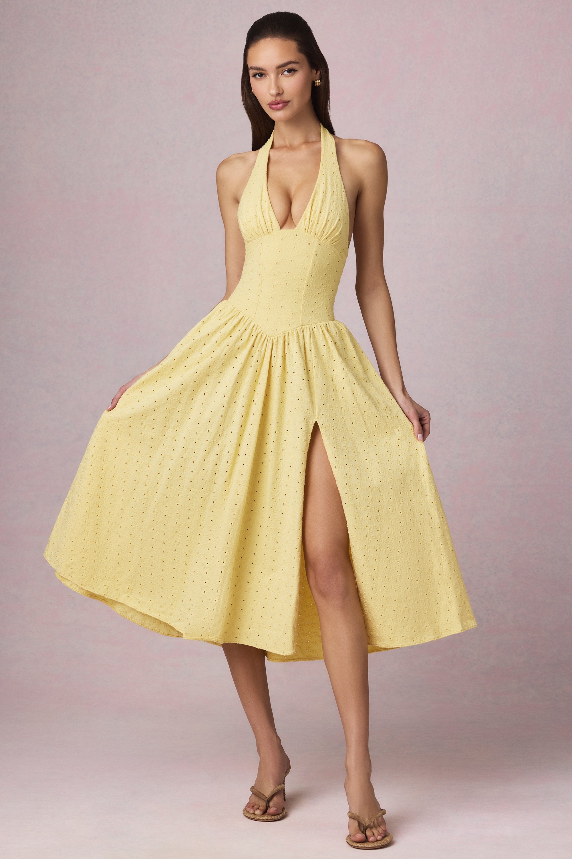 Farrah Broderie Anglaise Halterneck Midaxi Dress in Lemon Yellow - Image 5