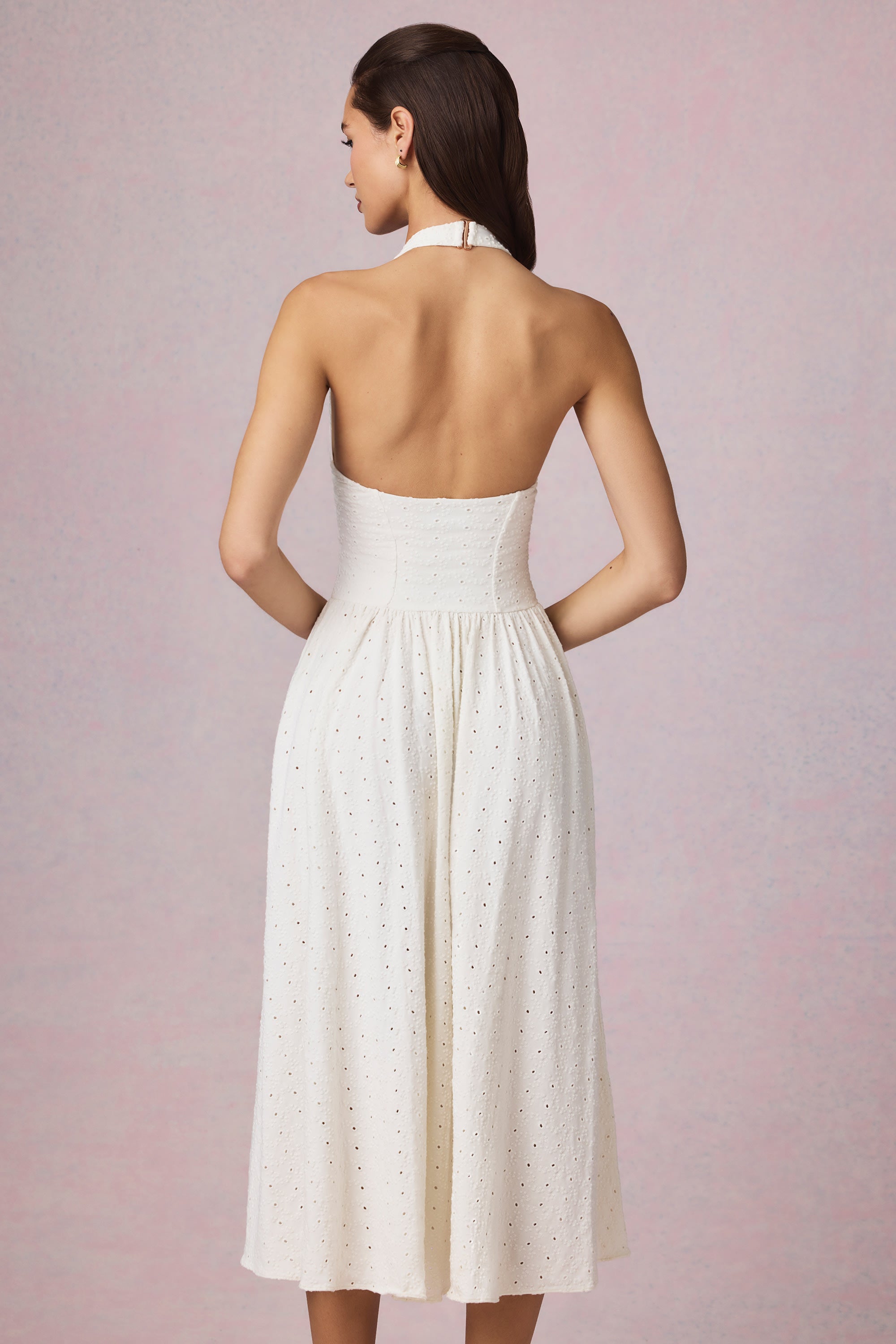 Farrah Broderie Anglaise Halterneck Midaxi Dress in White - Image 3