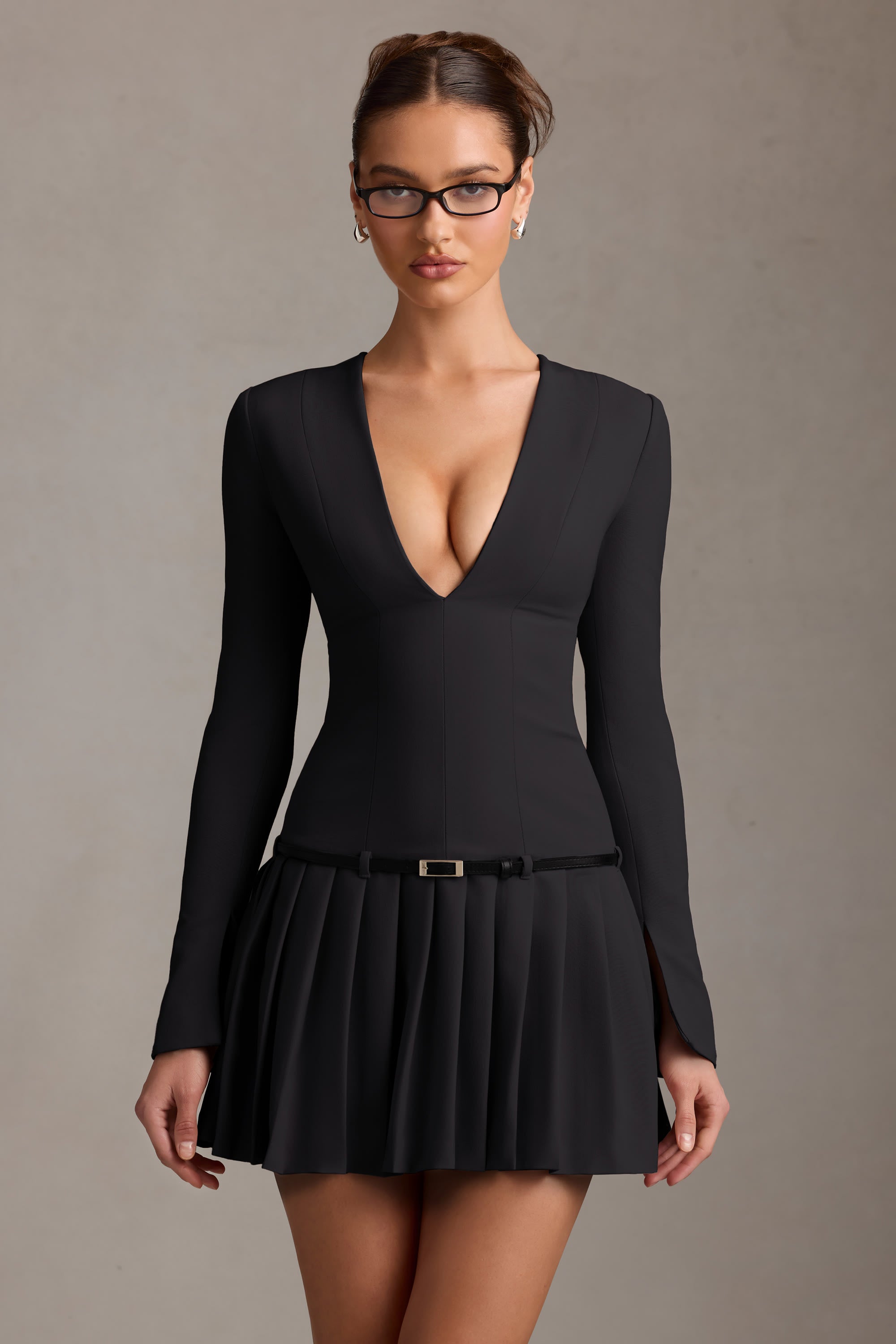 Fiorella Long-Sleeve Pleated Mini Dress in Black