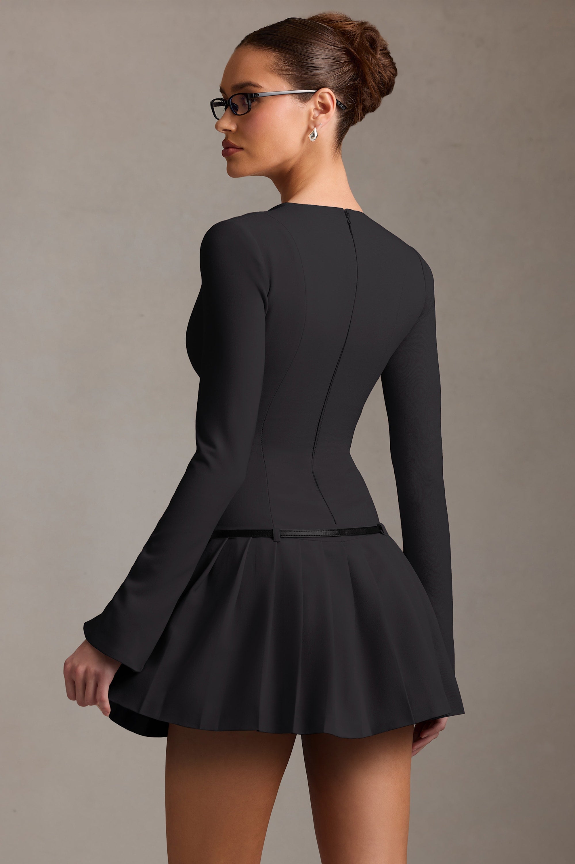 Fiorella Long-Sleeve Pleated Mini Dress in Black - Image 3