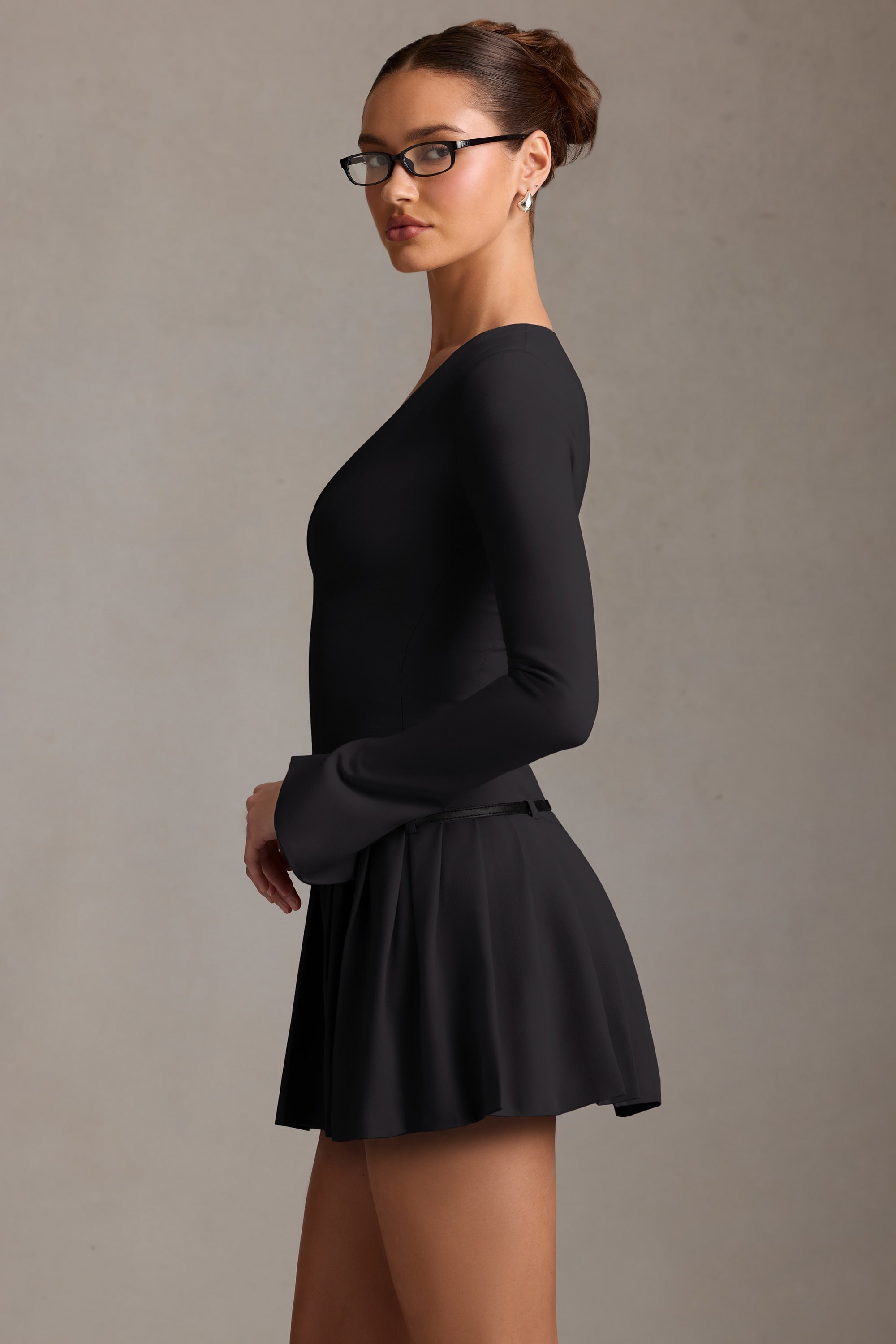 Fiorella Long-Sleeve Pleated Mini Dress in Black - Image 4
