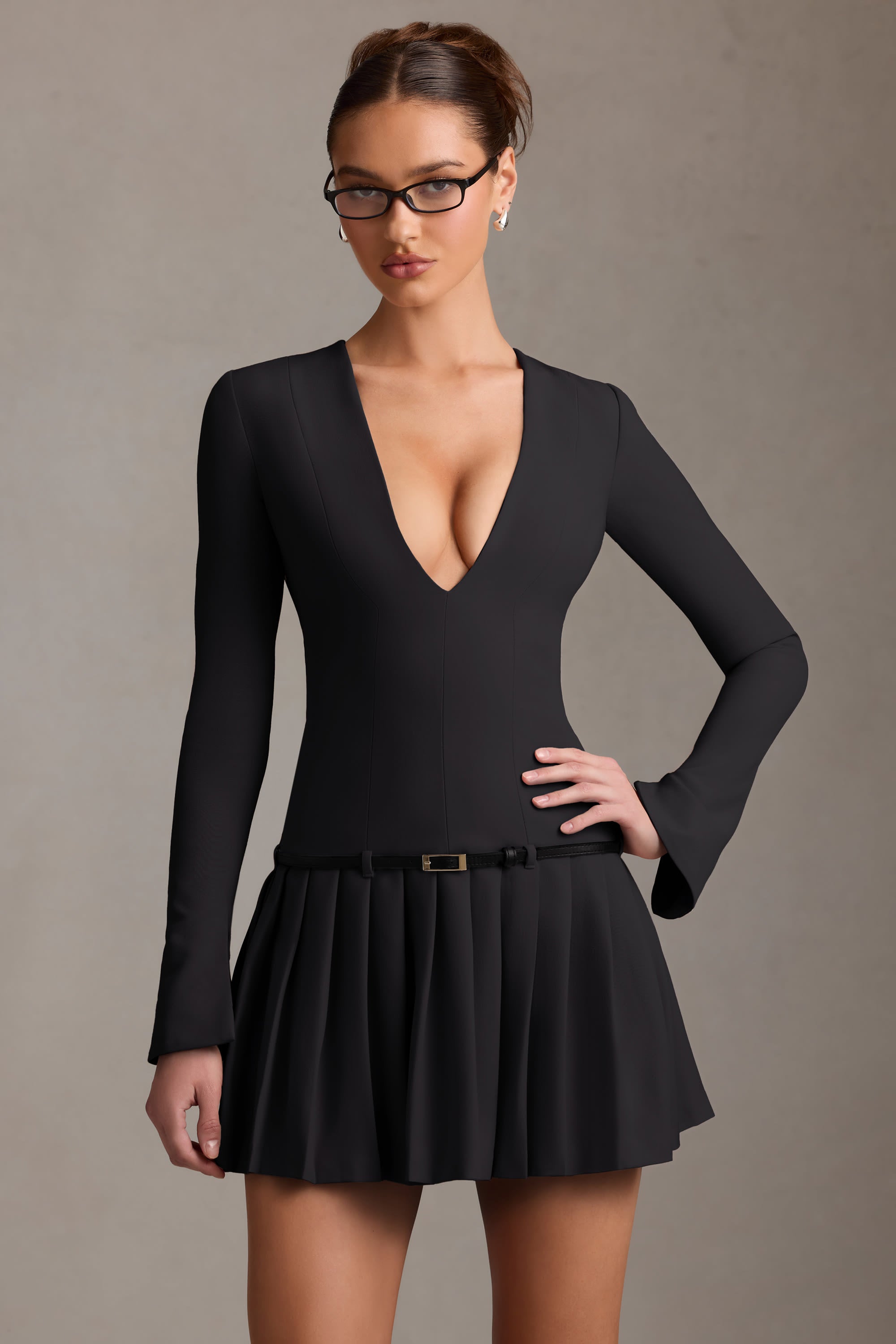 Fiorella Long-Sleeve Pleated Mini Dress in Black - Image 6