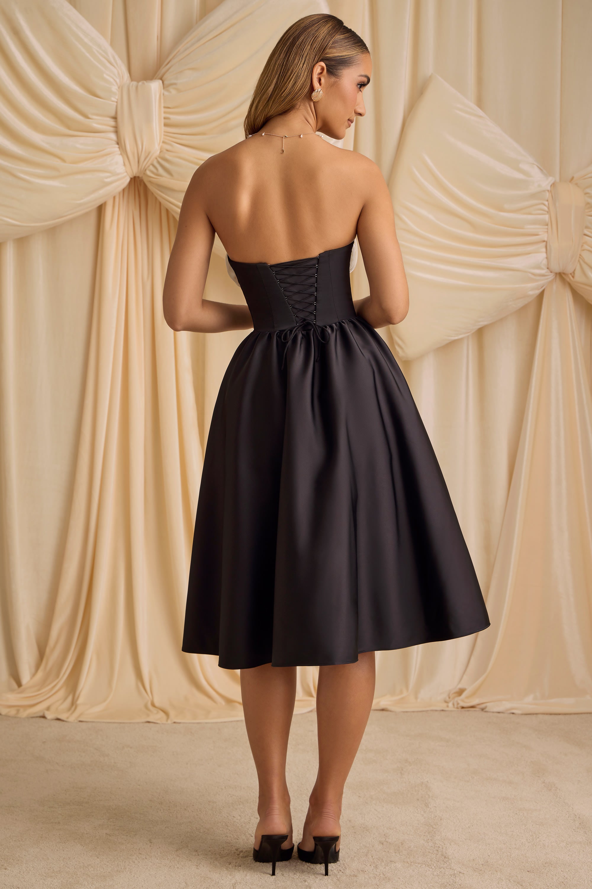 Gabrielle Strapless Corset Midi Dress in Black - Image 3