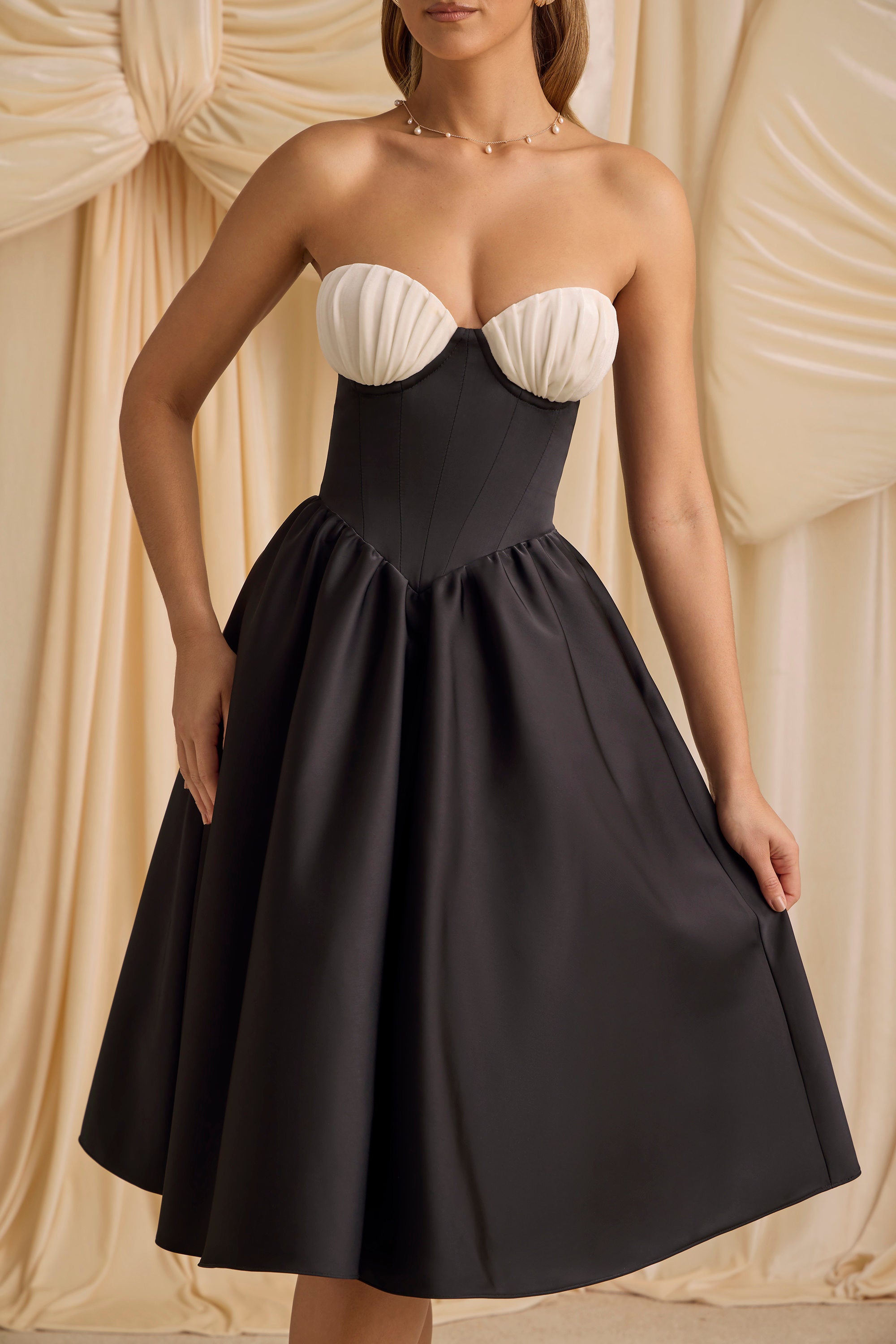 Gabrielle Strapless Corset Midi Dress in Black - Image 6