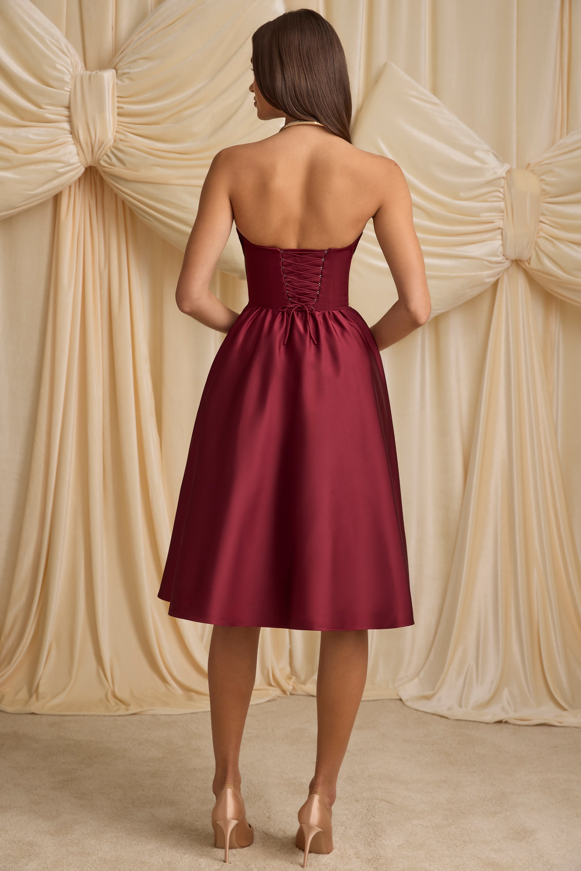 Gabrielle Strapless Corset Midi Dress in Wine Red - Image 2