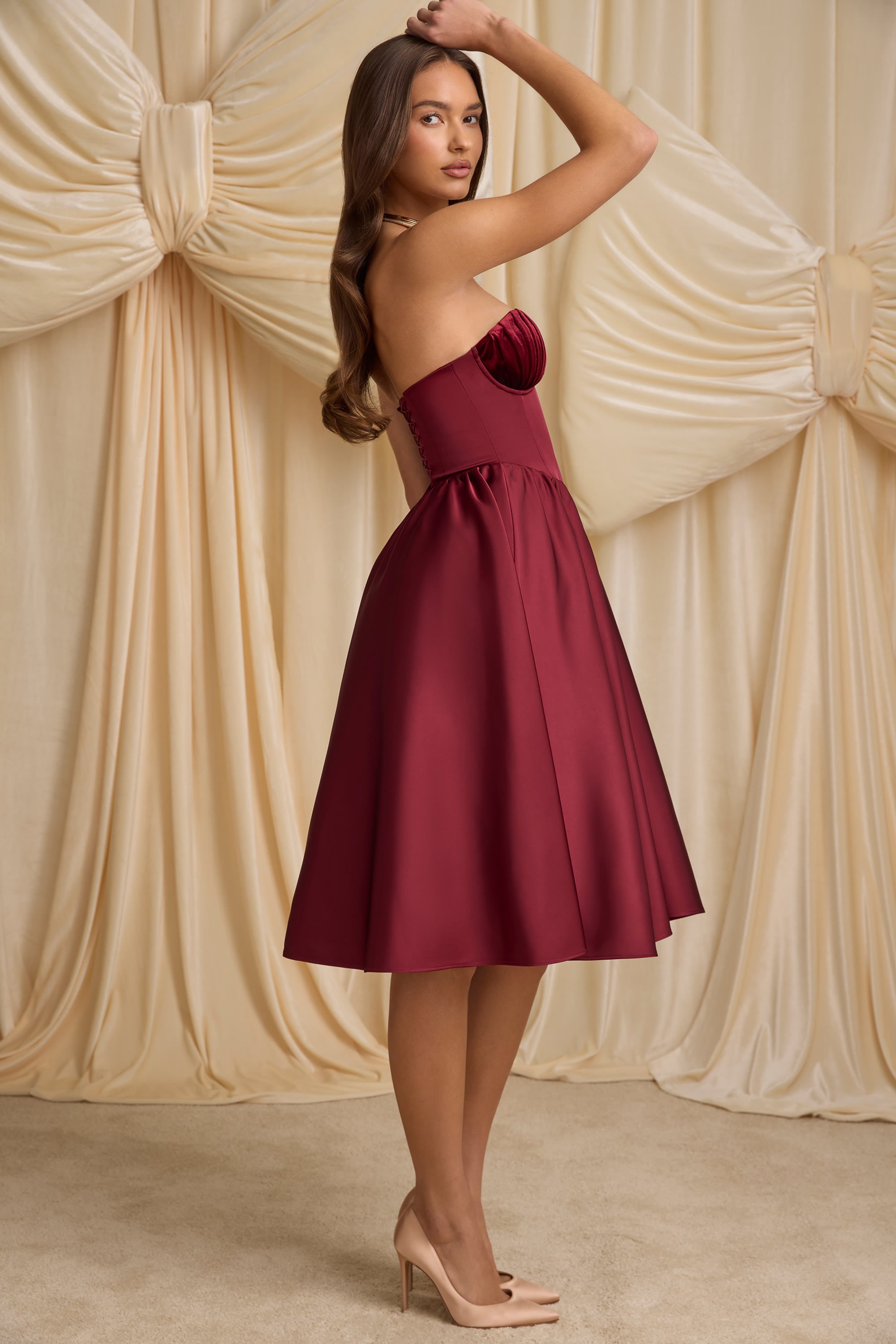 Gabrielle Strapless Corset Midi Dress in Wine Red - Image 3