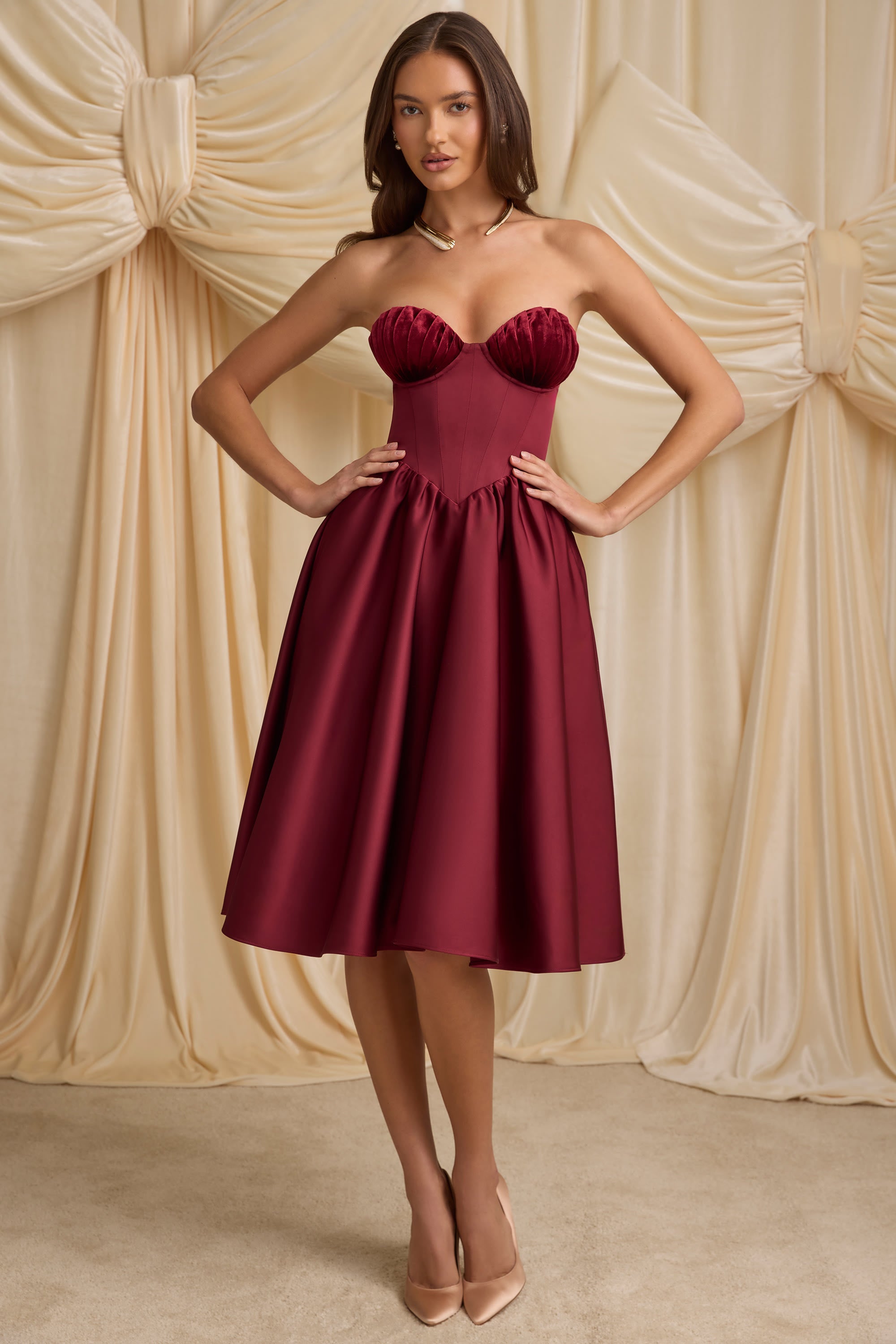 Gabrielle Strapless Corset Midi Dress in Wine Red - Image 5