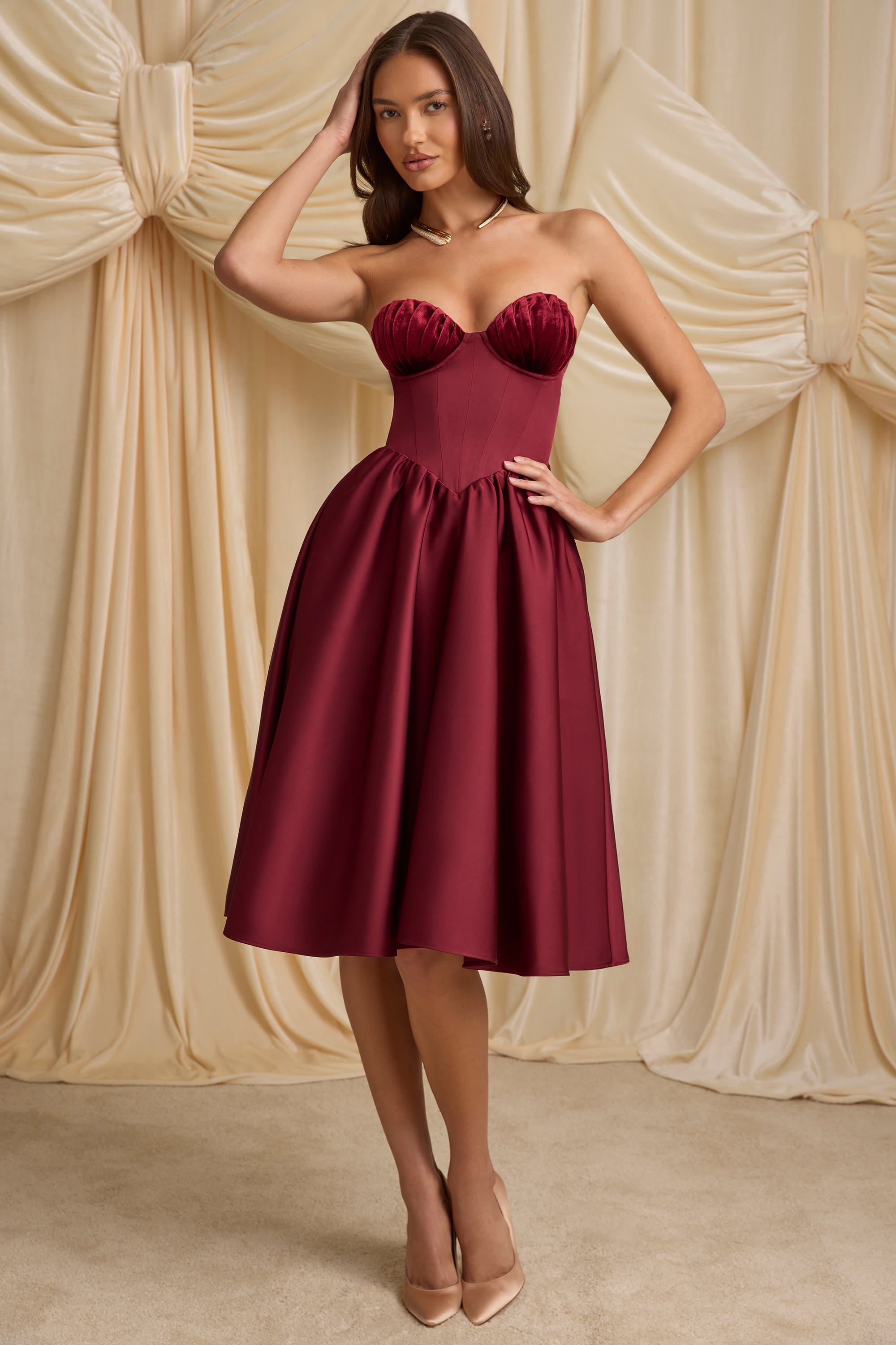 Gabrielle Strapless Corset Midi Dress in Wine Red - Image 6