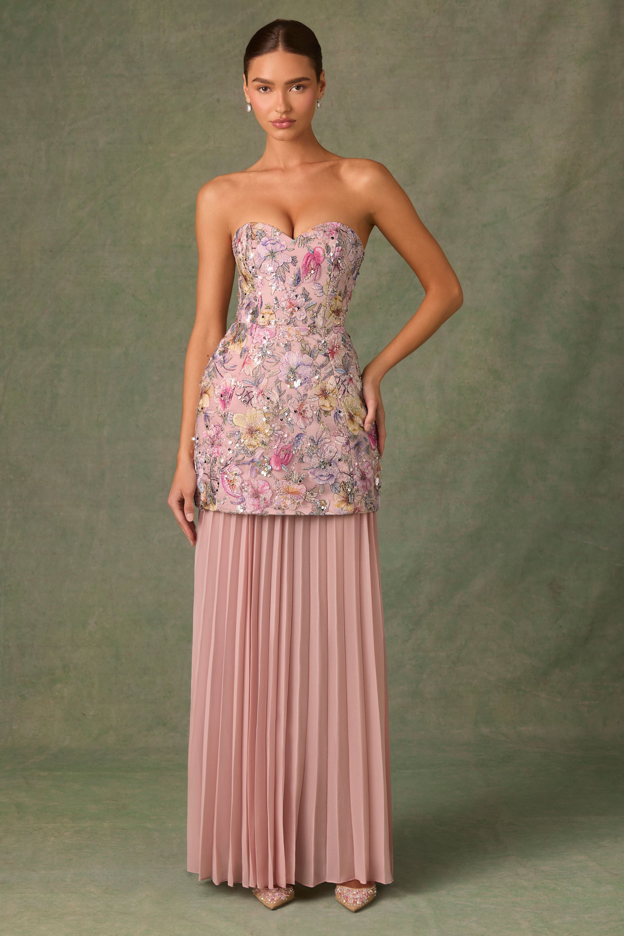 Galia Embellished Convertible Lace-Up Gown in Floral Pink - Image 10