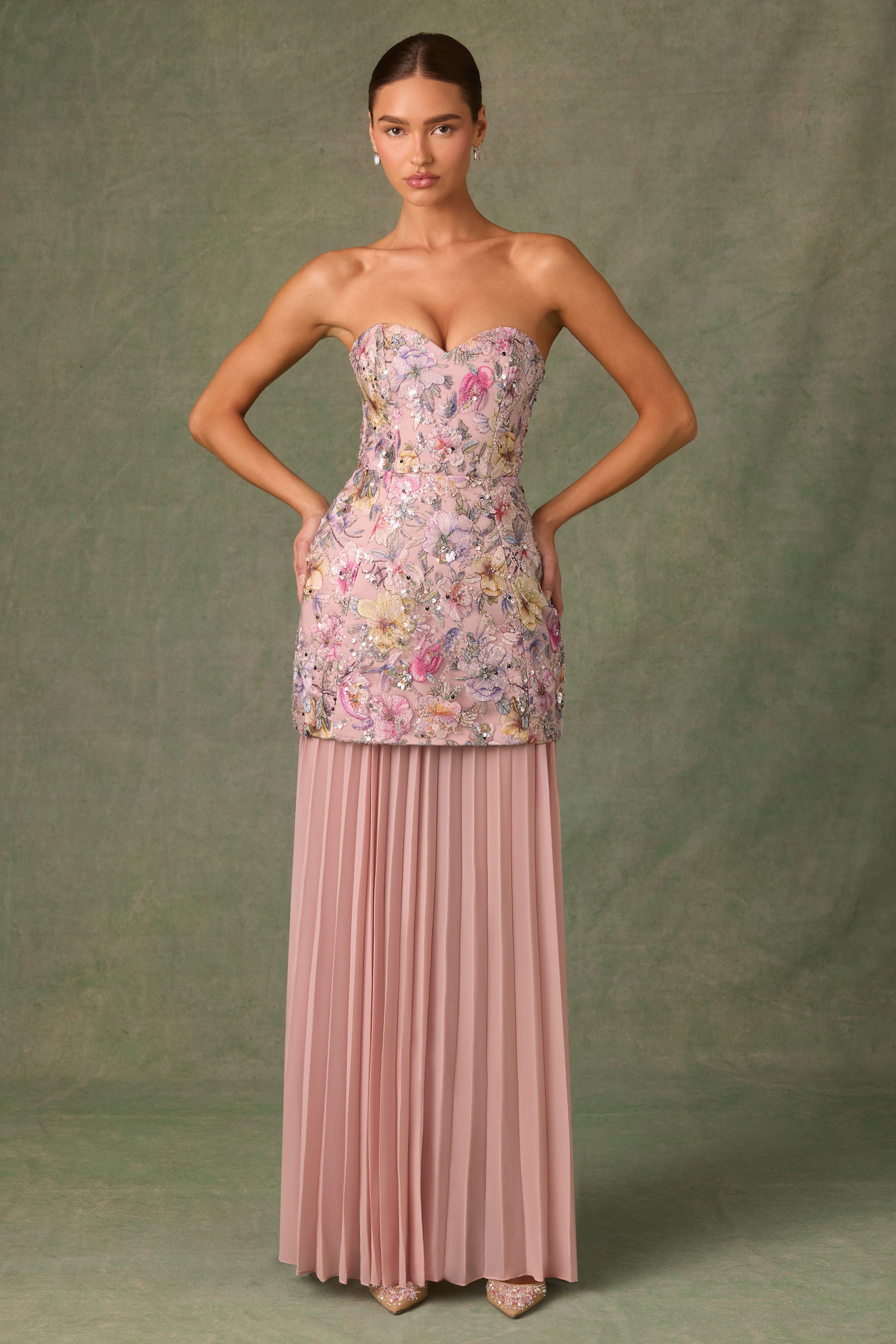 Galia Embellished Convertible Lace-Up Gown in Floral Pink - Image 11