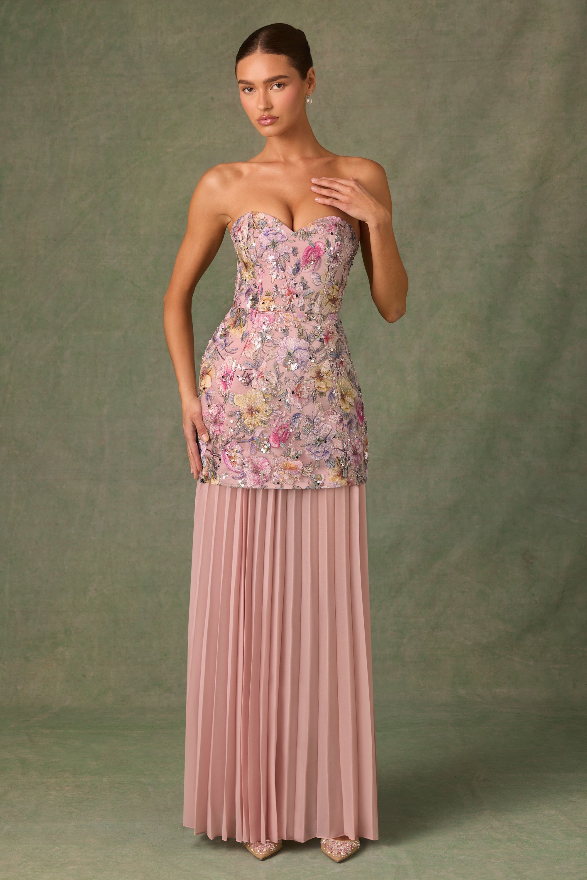 Galia Embellished Convertible Lace-Up Gown in Floral Pink