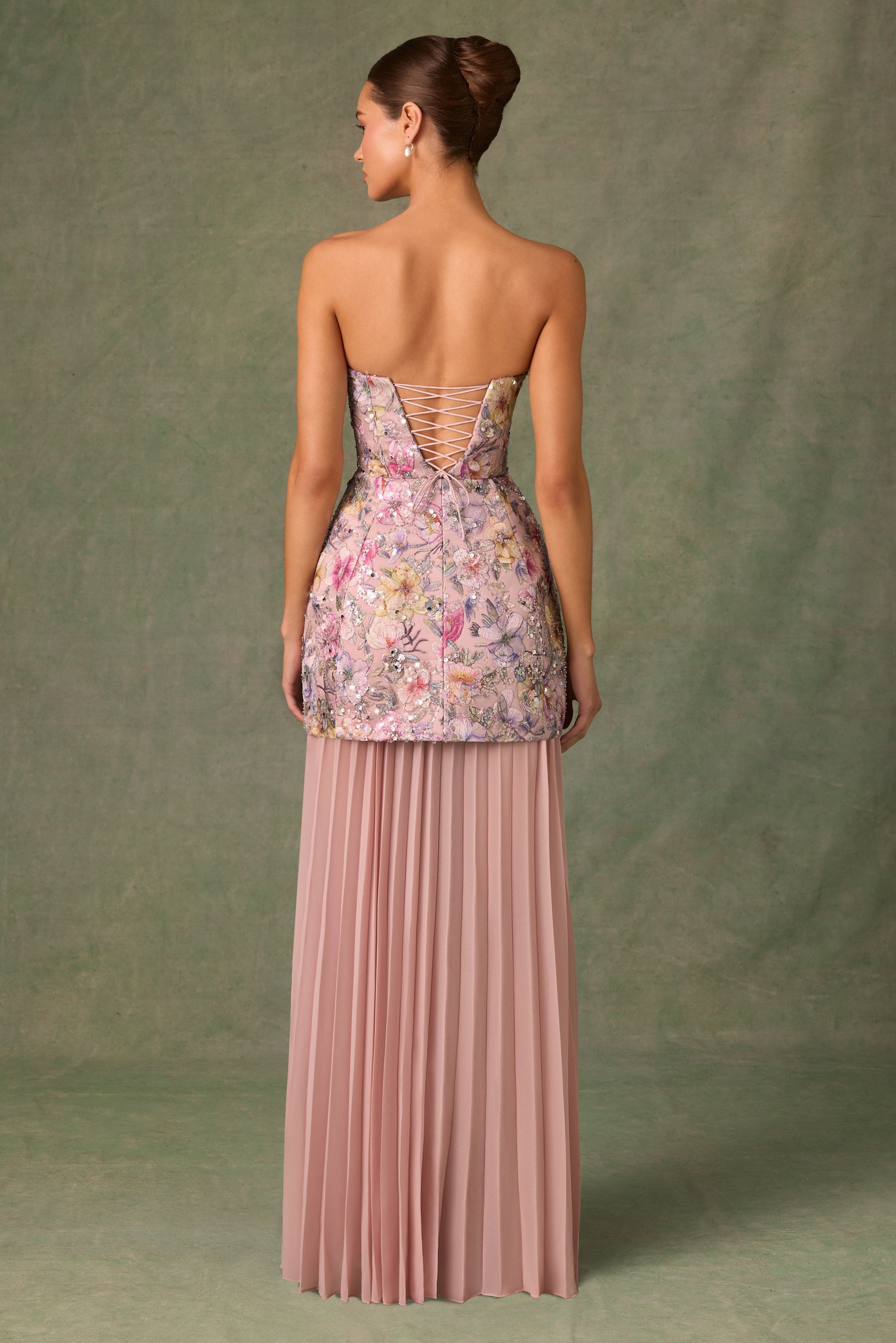 Galia Embellished Convertible Lace-Up Gown in Floral Pink - Image 3