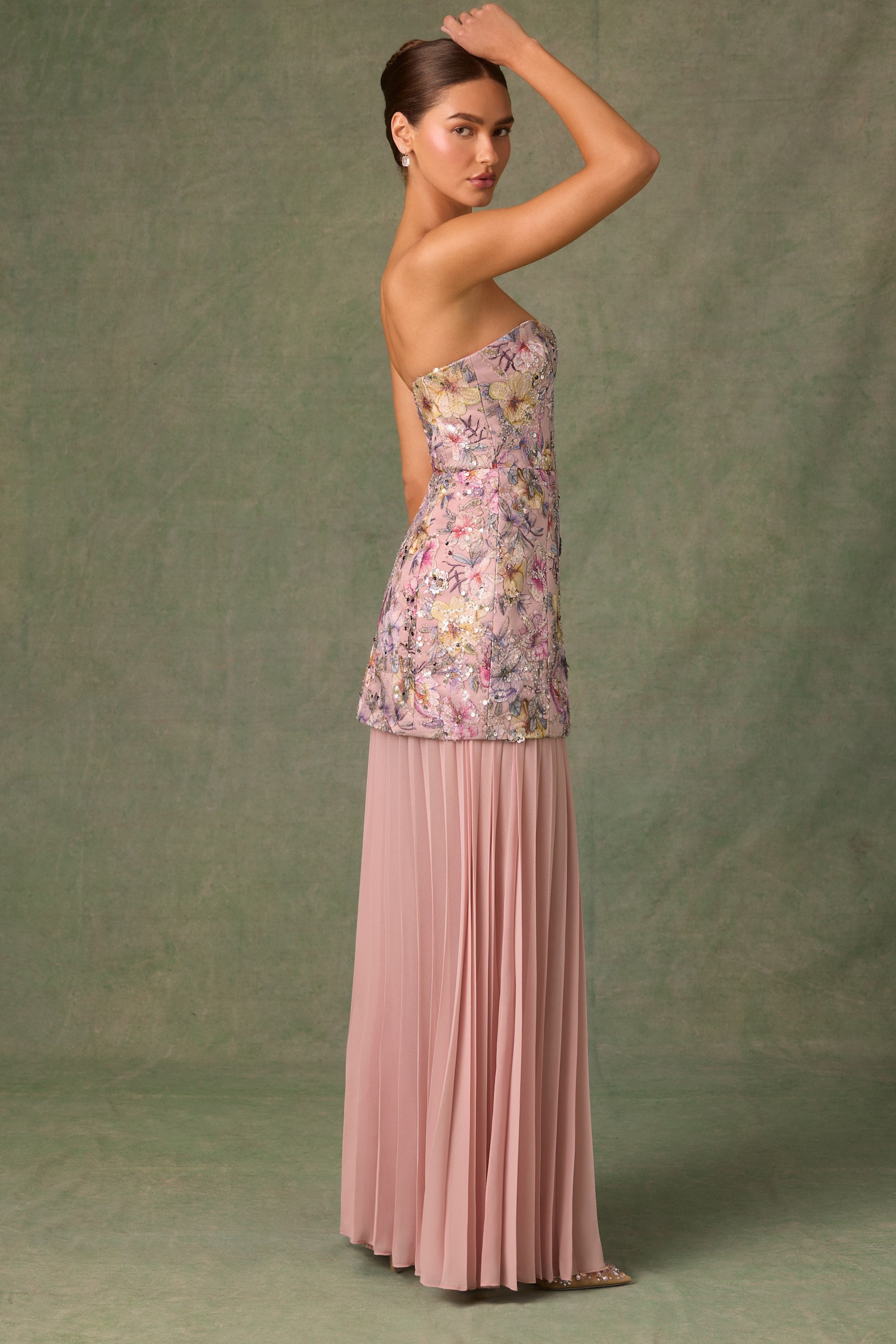 Galia Embellished Convertible Lace-Up Gown in Floral Pink - Image 5