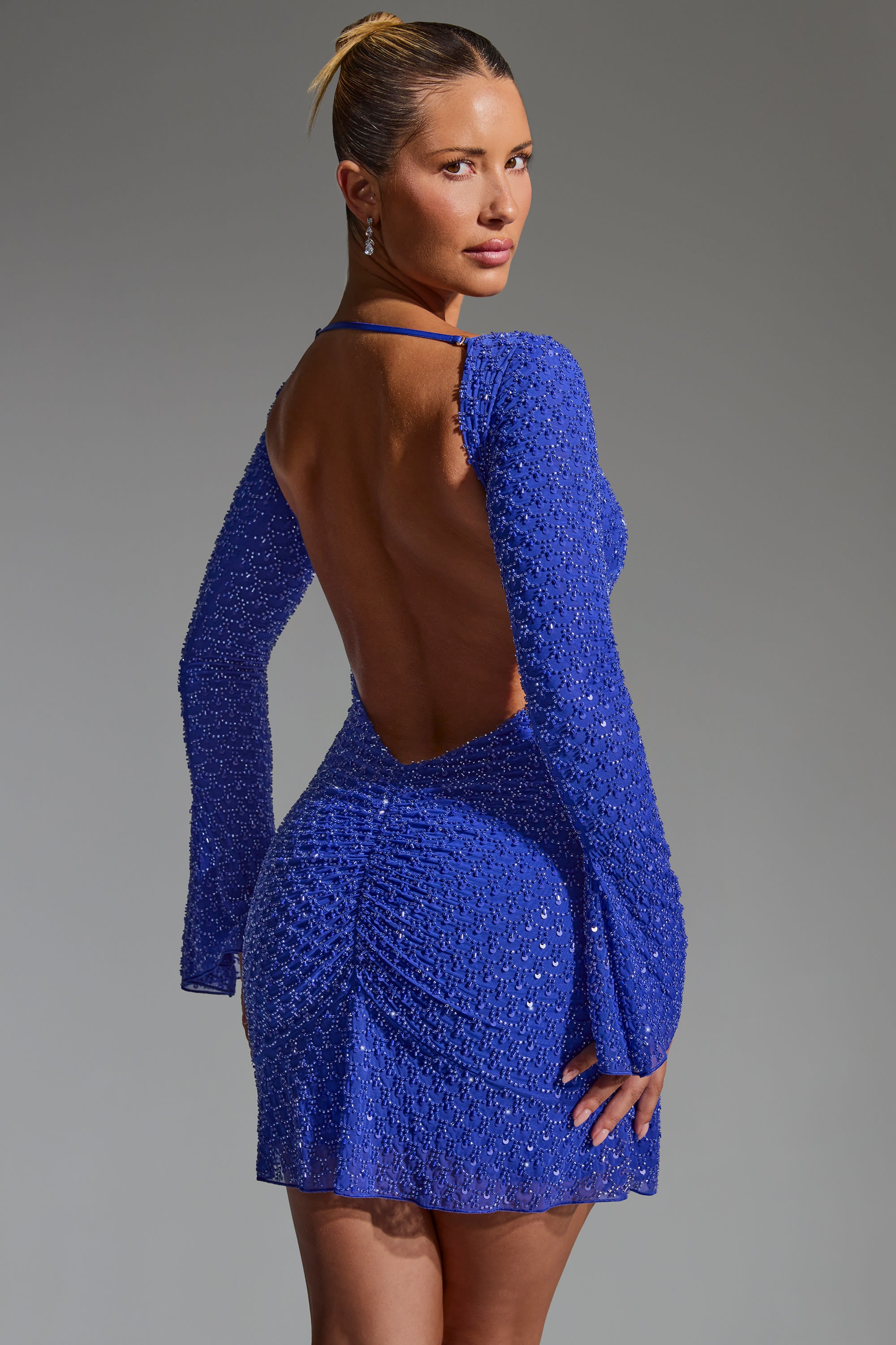 Grazina Embellished Open-Back A-Line Mini Dress in Cobalt Blue - Image 6