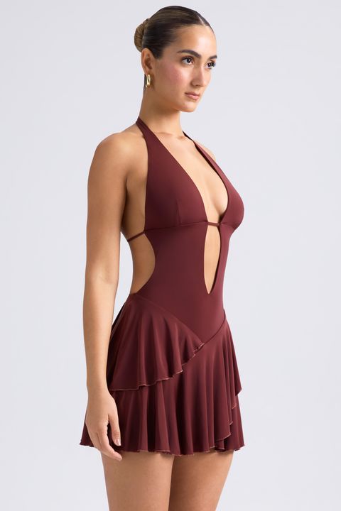 Chimere Ruffled Cut-Out Halterneck Mini Dress in Chestnut Brown