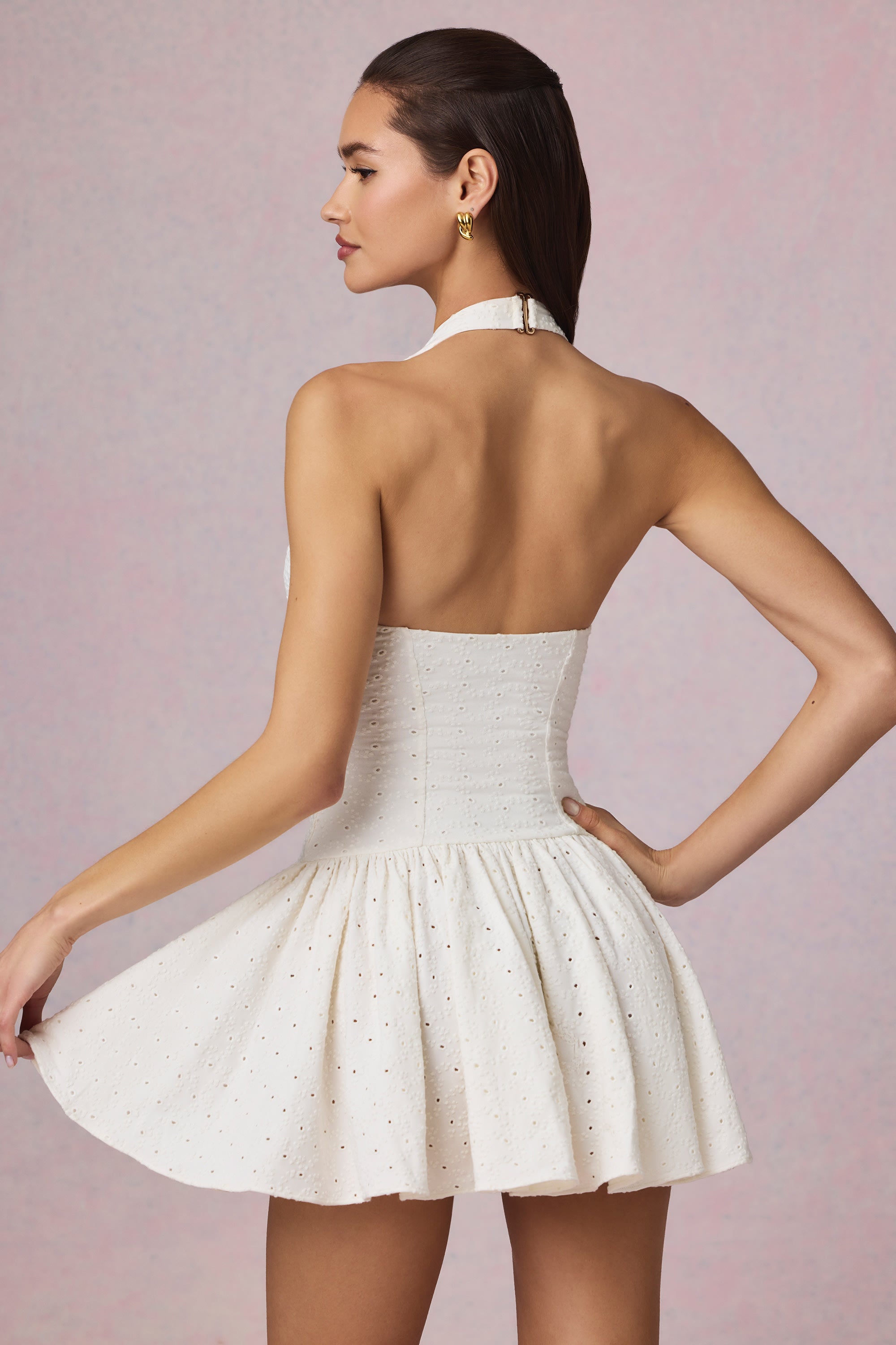 Haddie Broderie Anglaise Halterneck Mini Dress in White - Image 2