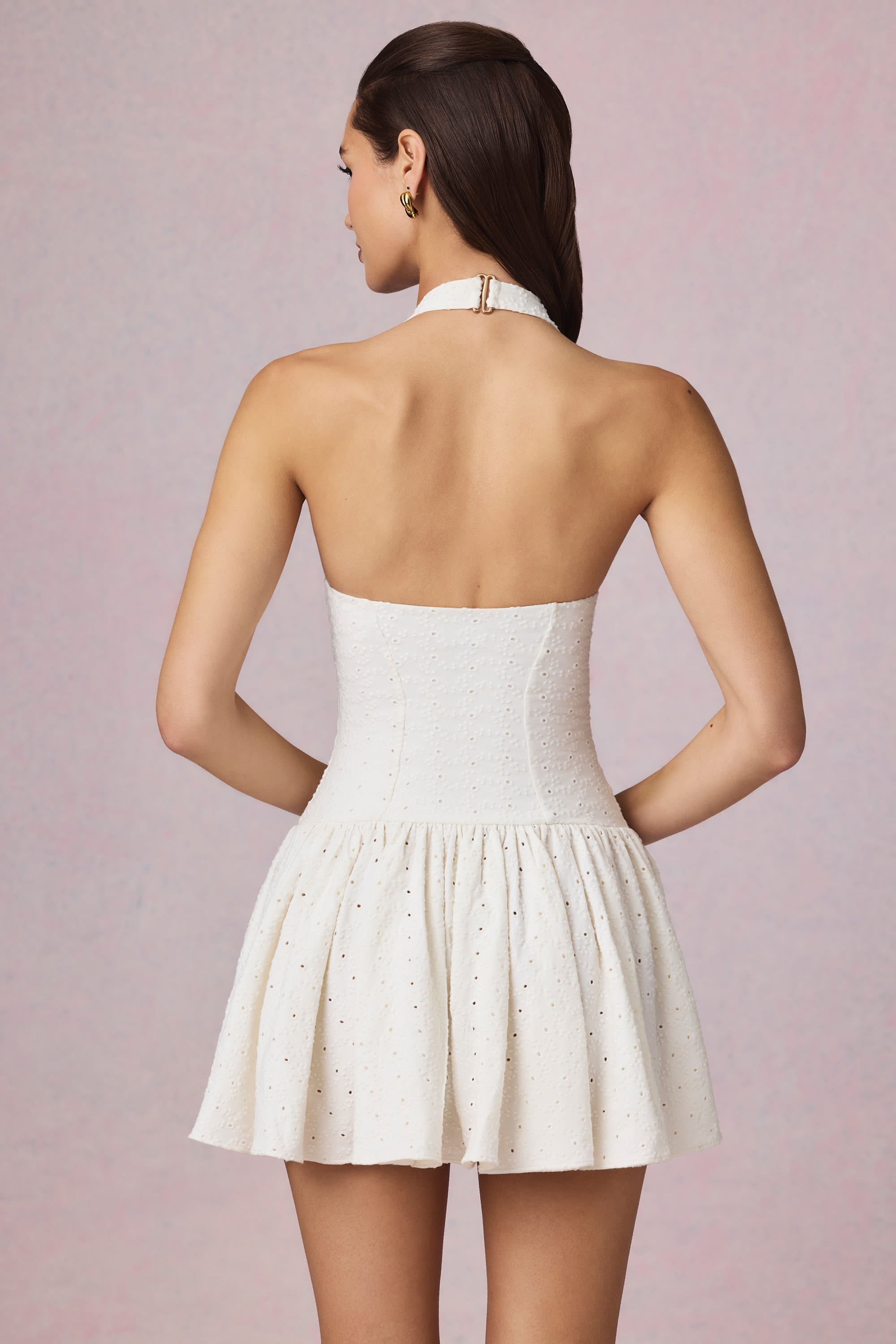 Haddie Broderie Anglaise Halterneck Mini Dress in White - Image 7