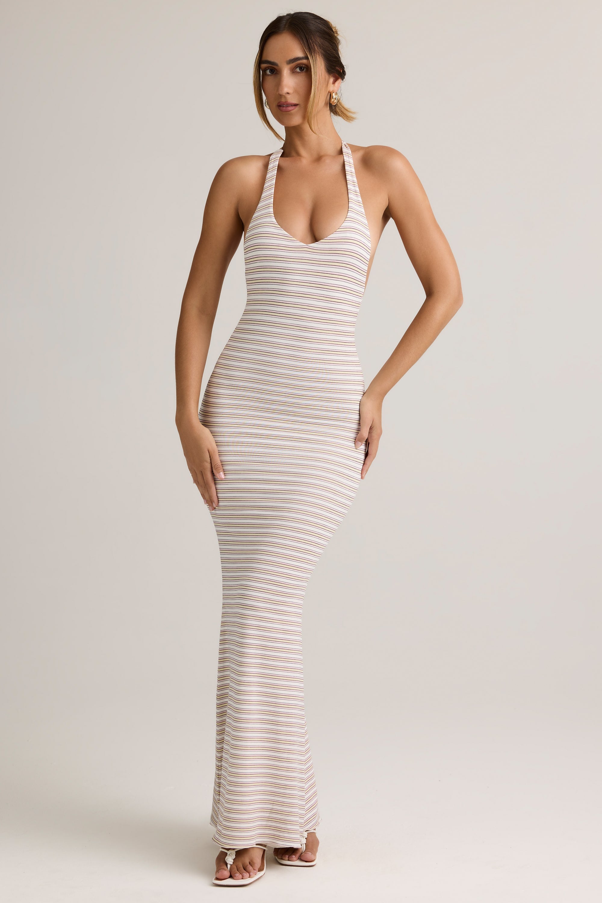 Hallie Modal Backless Halterneck Maxi Dress in Pink and Yellow Stripe - Image 2