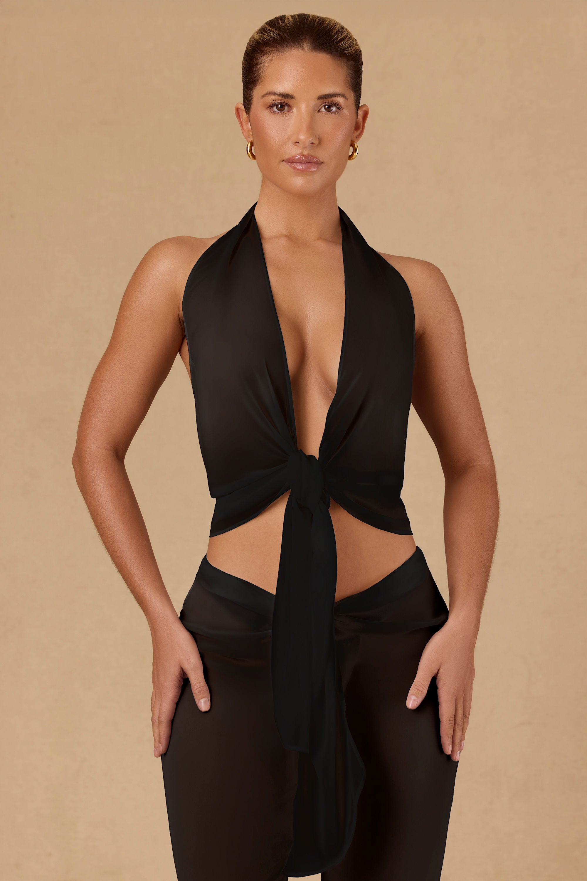 Harbour Tie-Front Halterneck Crop Top in Black