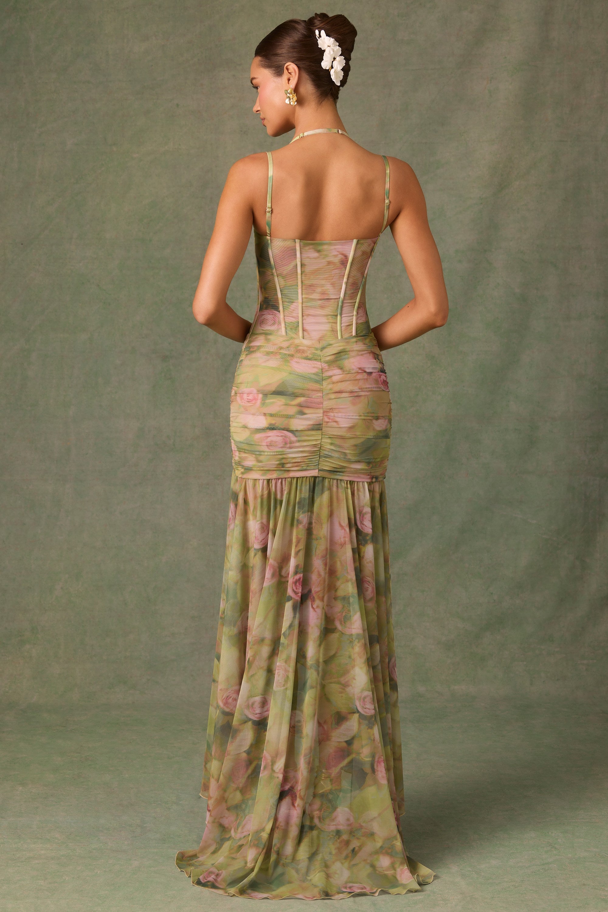 Haruna Ruched Asymmetric Corset Gown in Floral Multi Print - Image 2