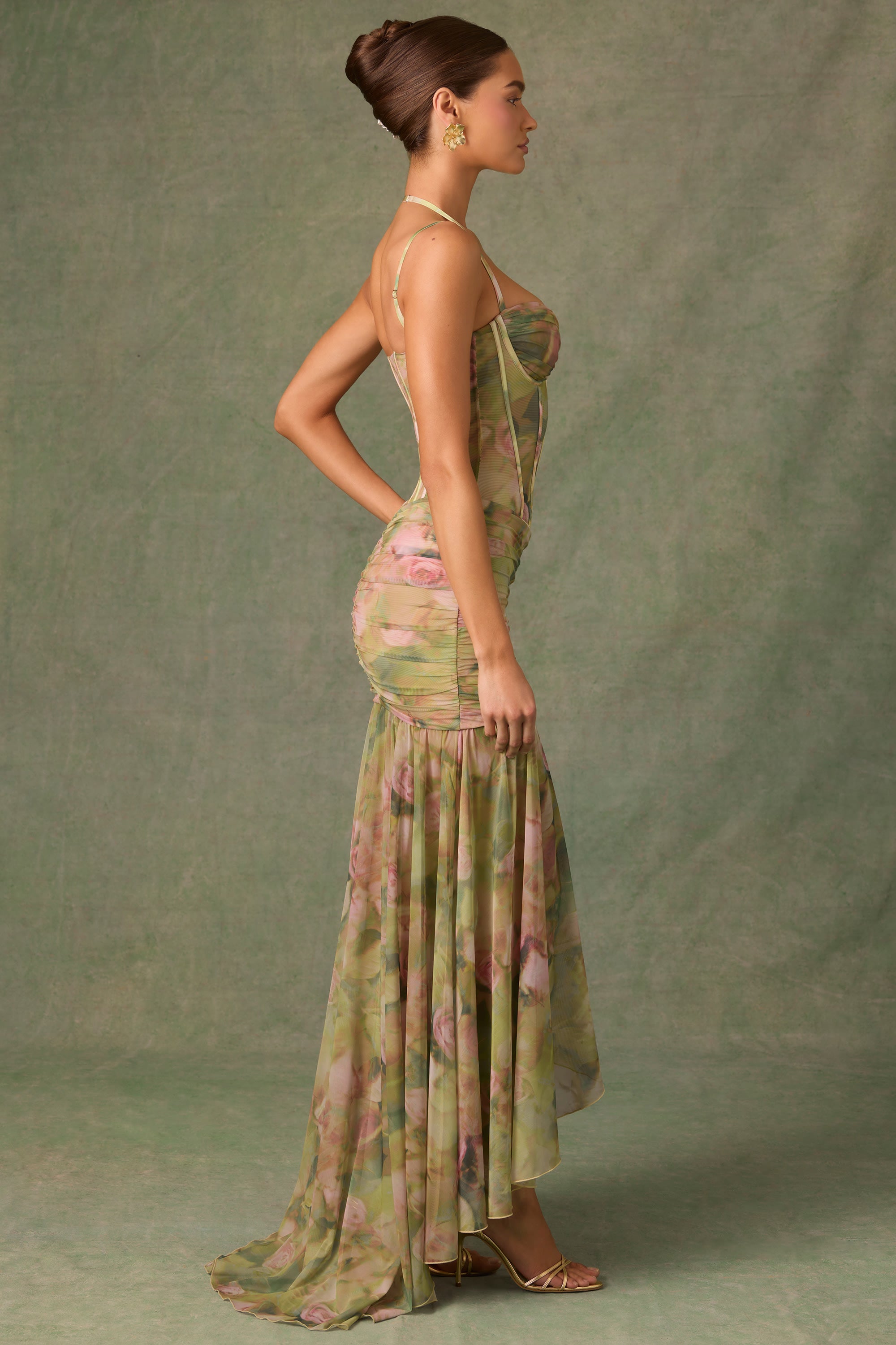 Haruna Ruched Asymmetric Corset Gown in Floral Multi Print - Image 3