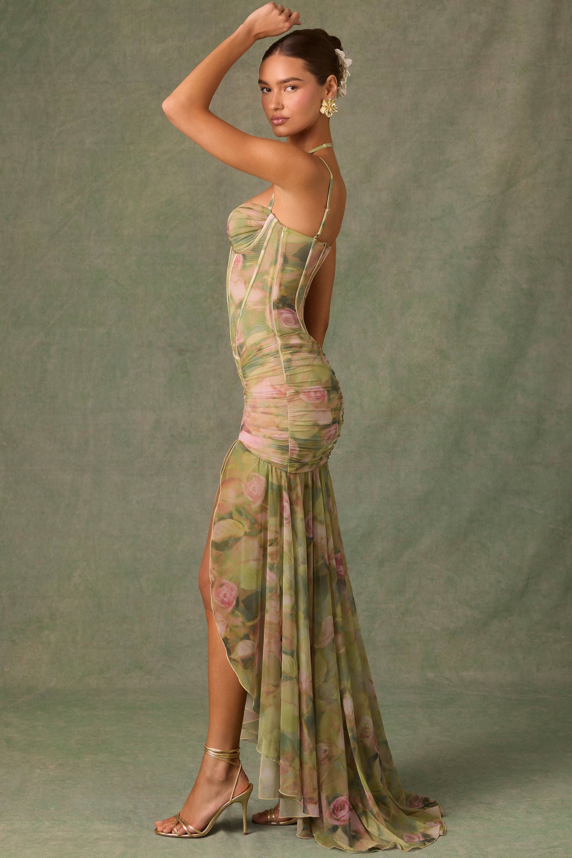Haruna Ruched Asymmetric Corset Gown in Floral Multi Print - Image 7