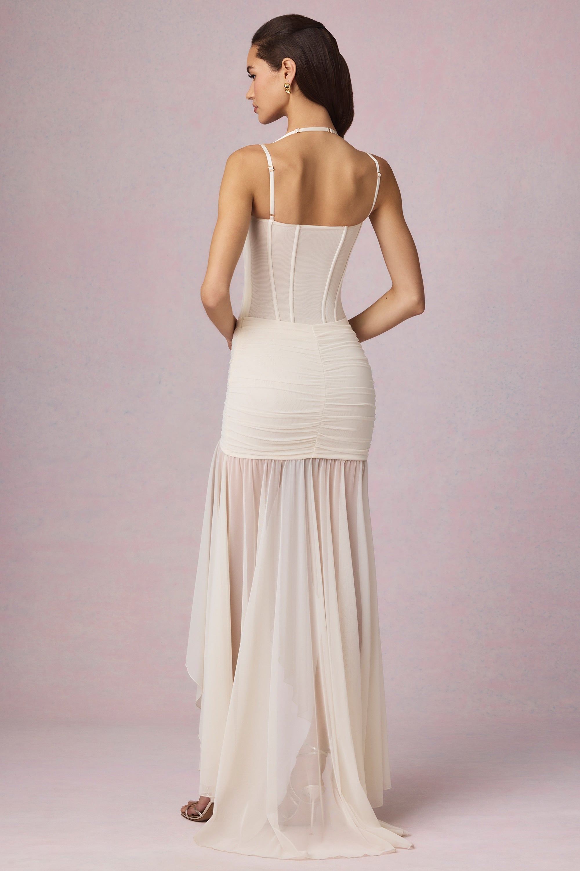 Haruna Ruched Asymmetric Corset Gown in Ivory - Image 6