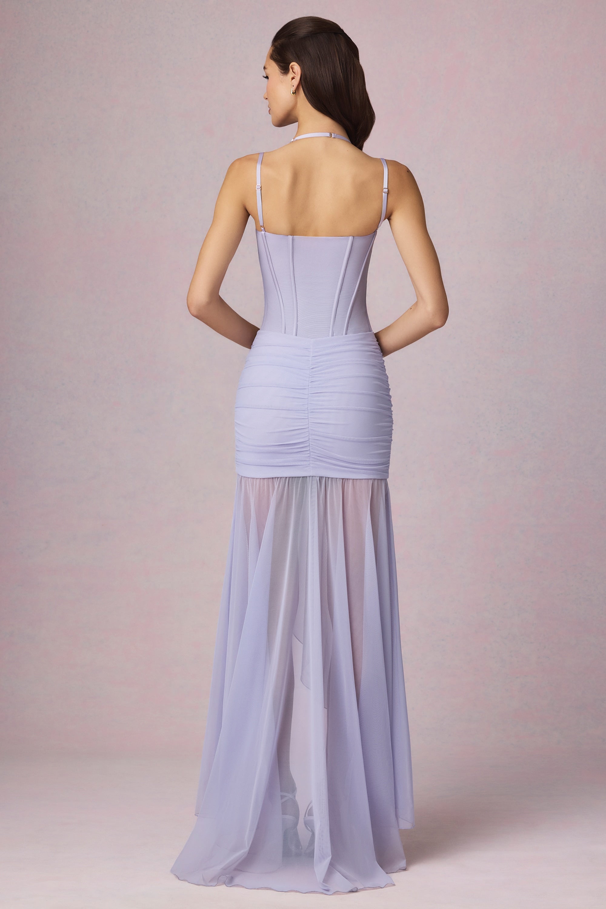 Haruna Ruched Asymmetric Corset Gown in Lilac - Image 3