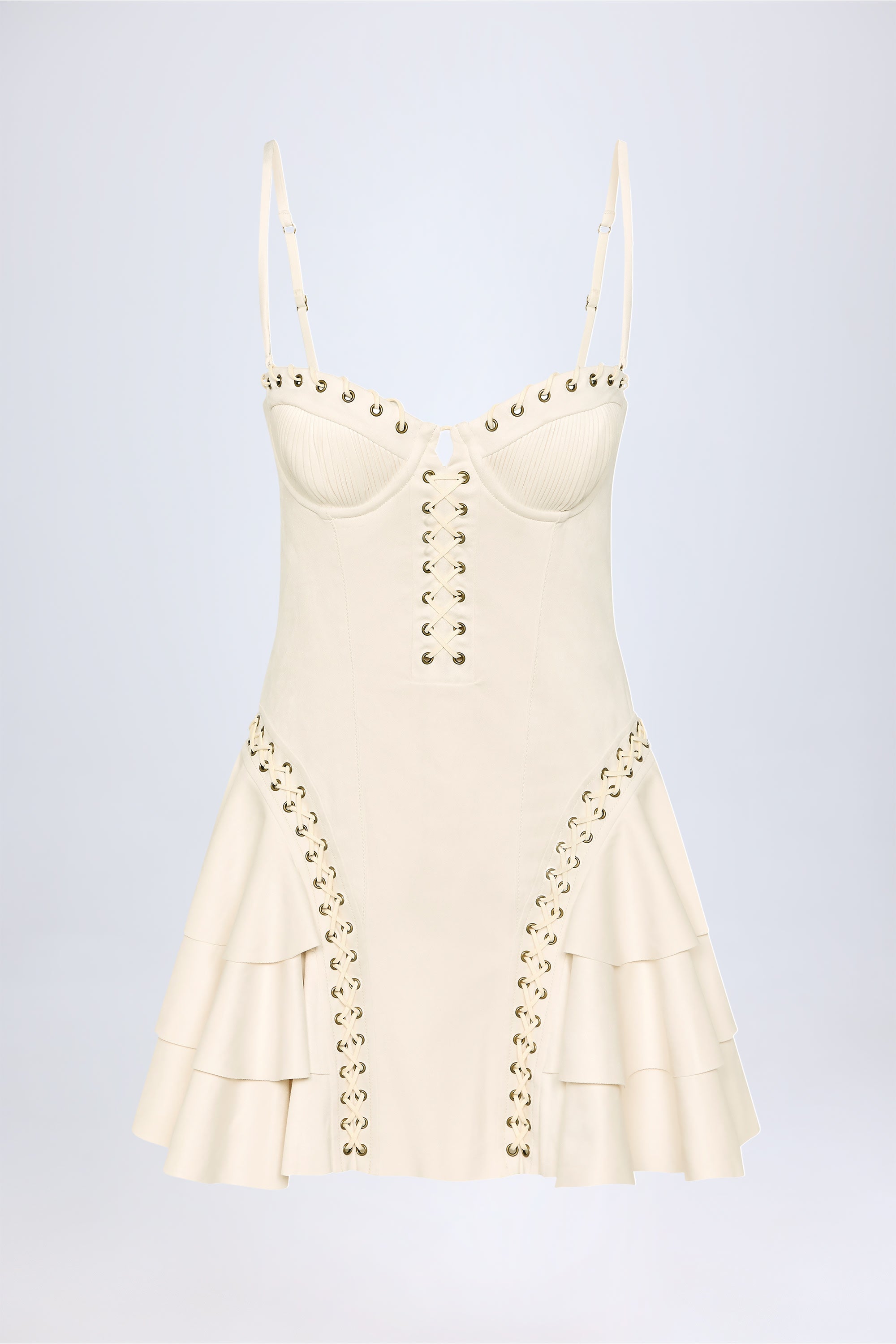 Hendrix Lace-Up Tiered Corset Mini Dress in Ivory - Image 2