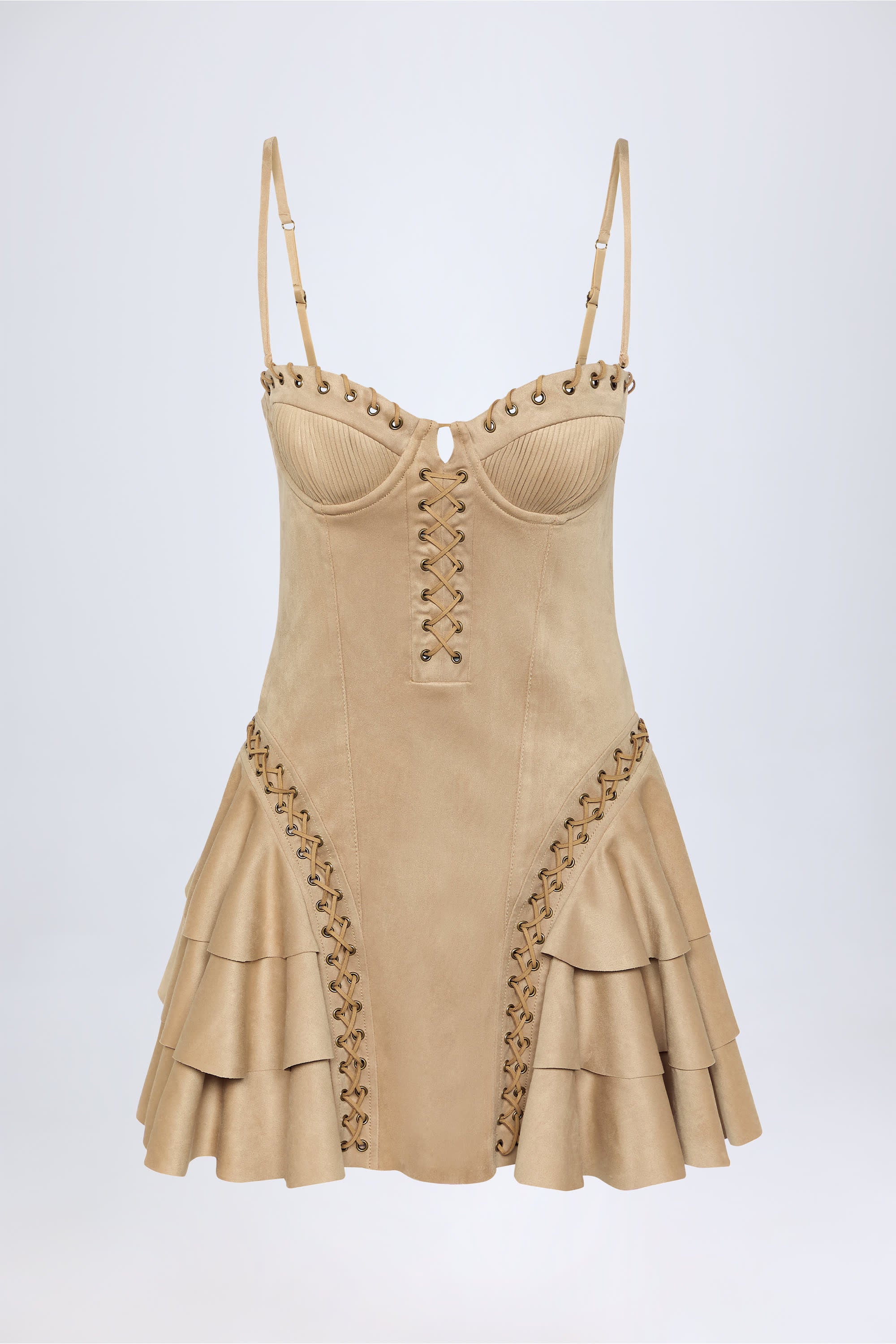 Hendrix Lace-Up Tiered Corset Mini Dress in Tan - Image 2